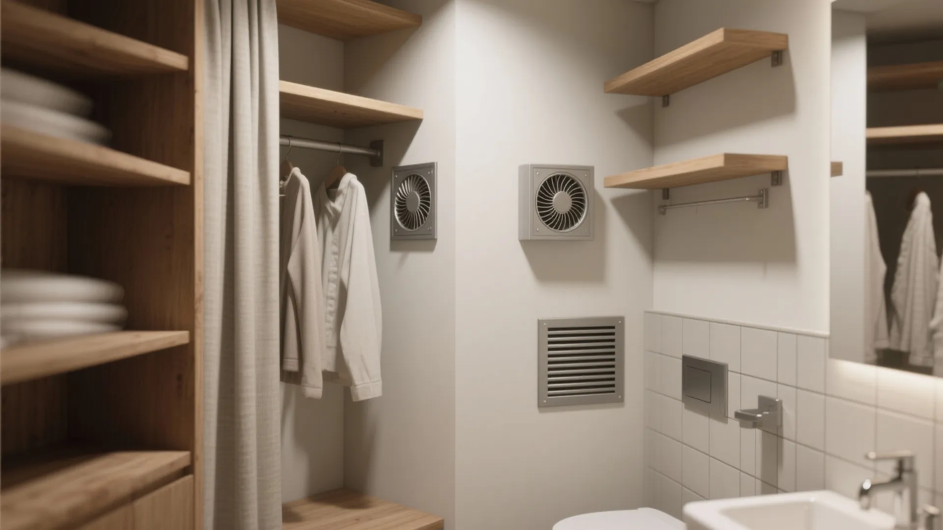 Modern walk-in closet with wooden shelves, hanging clothes, bathroom sink, and integrated wall ventilation fans