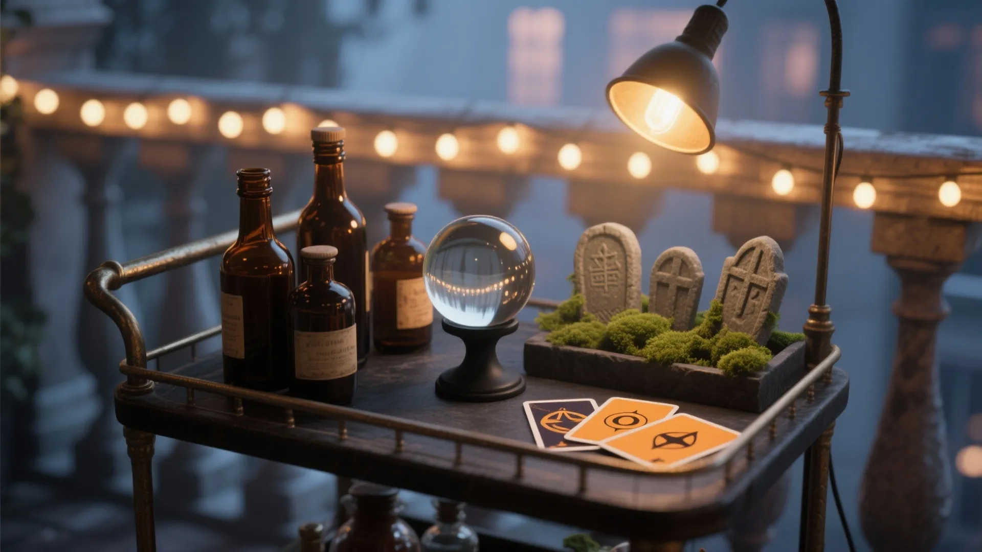 Balcony cart display featuring a crystal ball brown bottles tarot cards and small stone decorations