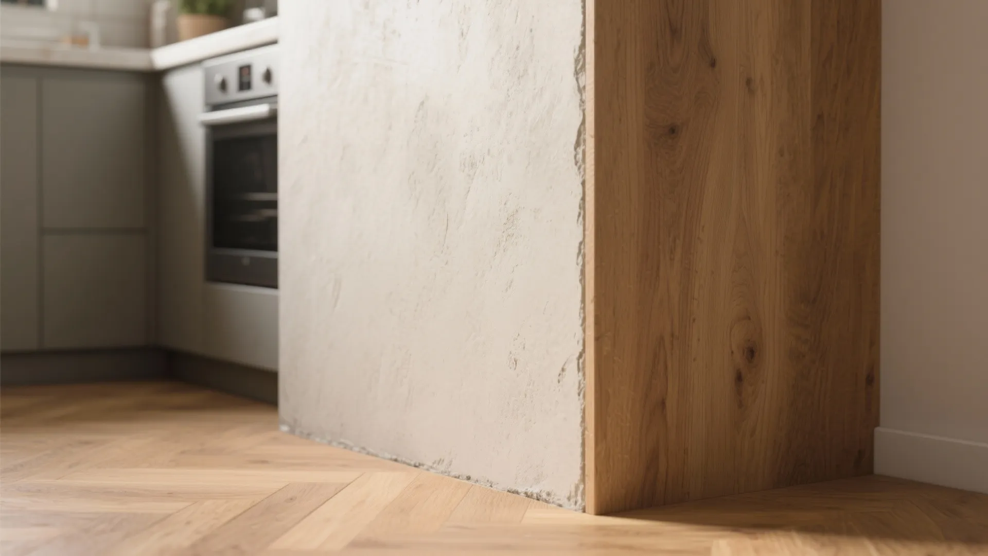 Textured microcement walls with warm wood floors