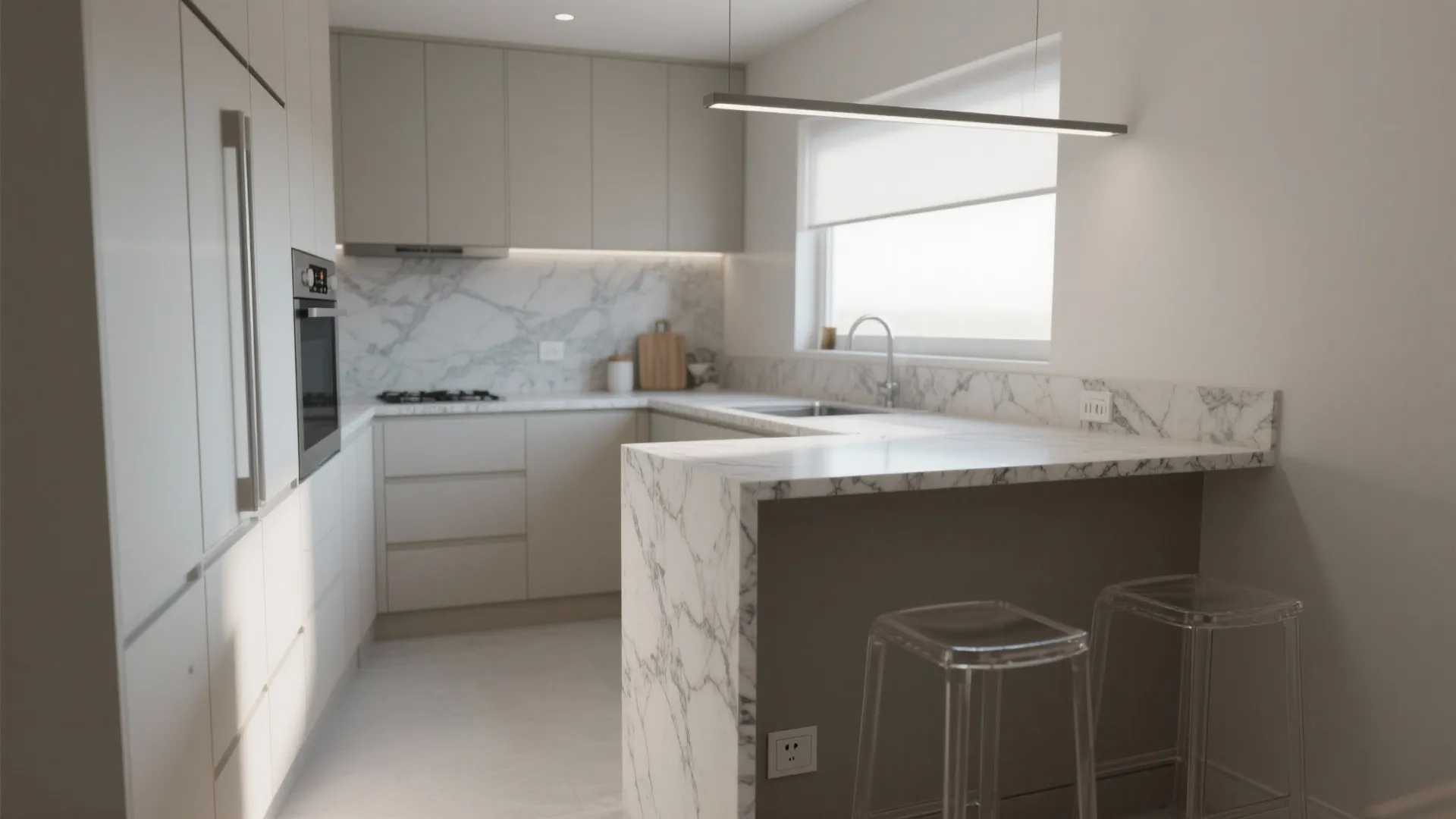 Modern white kitchen with marble backsplash and waterfall island featuring two clear plastic bar stools