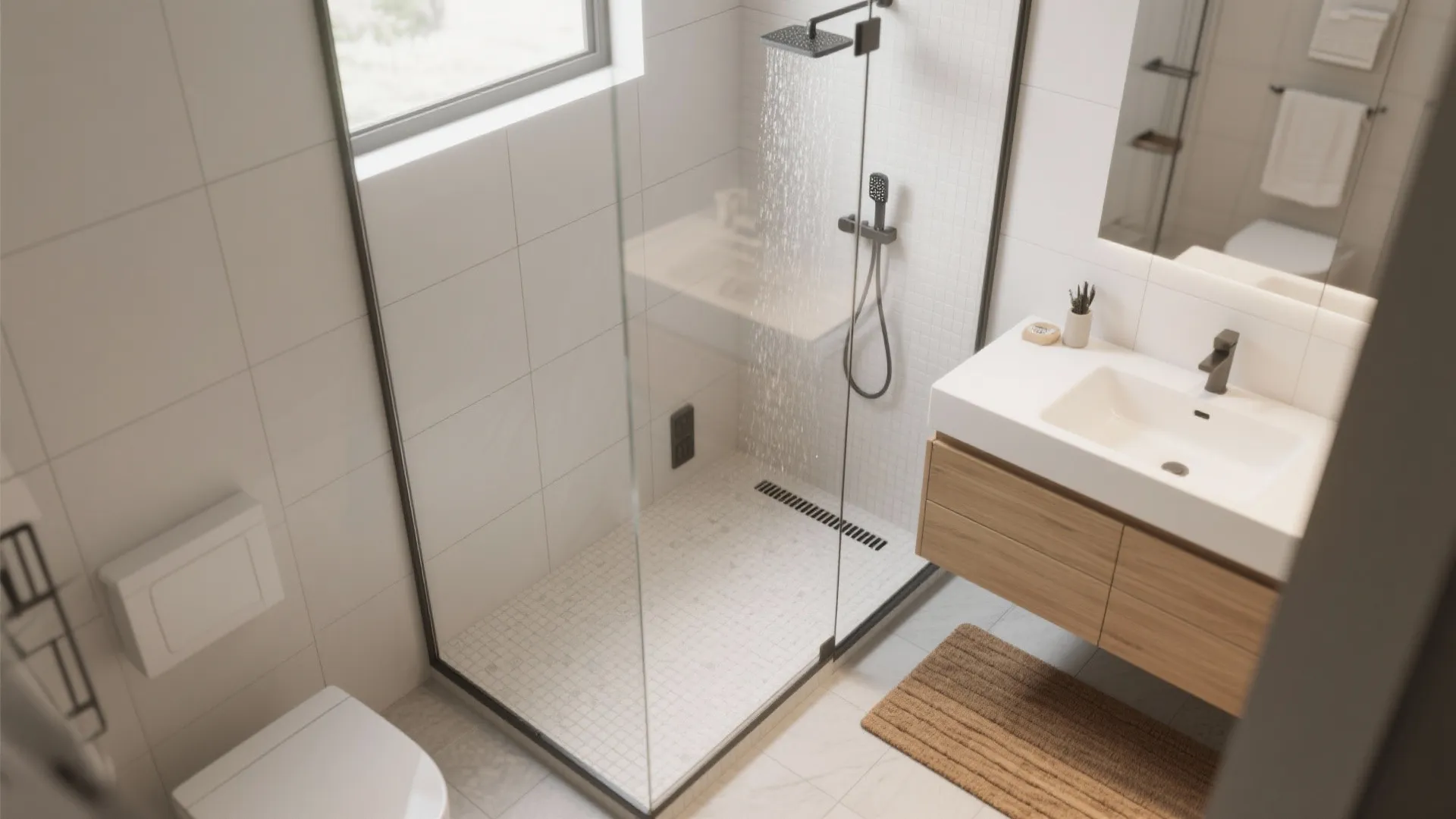 Wet room micro-ensuite with linear drain