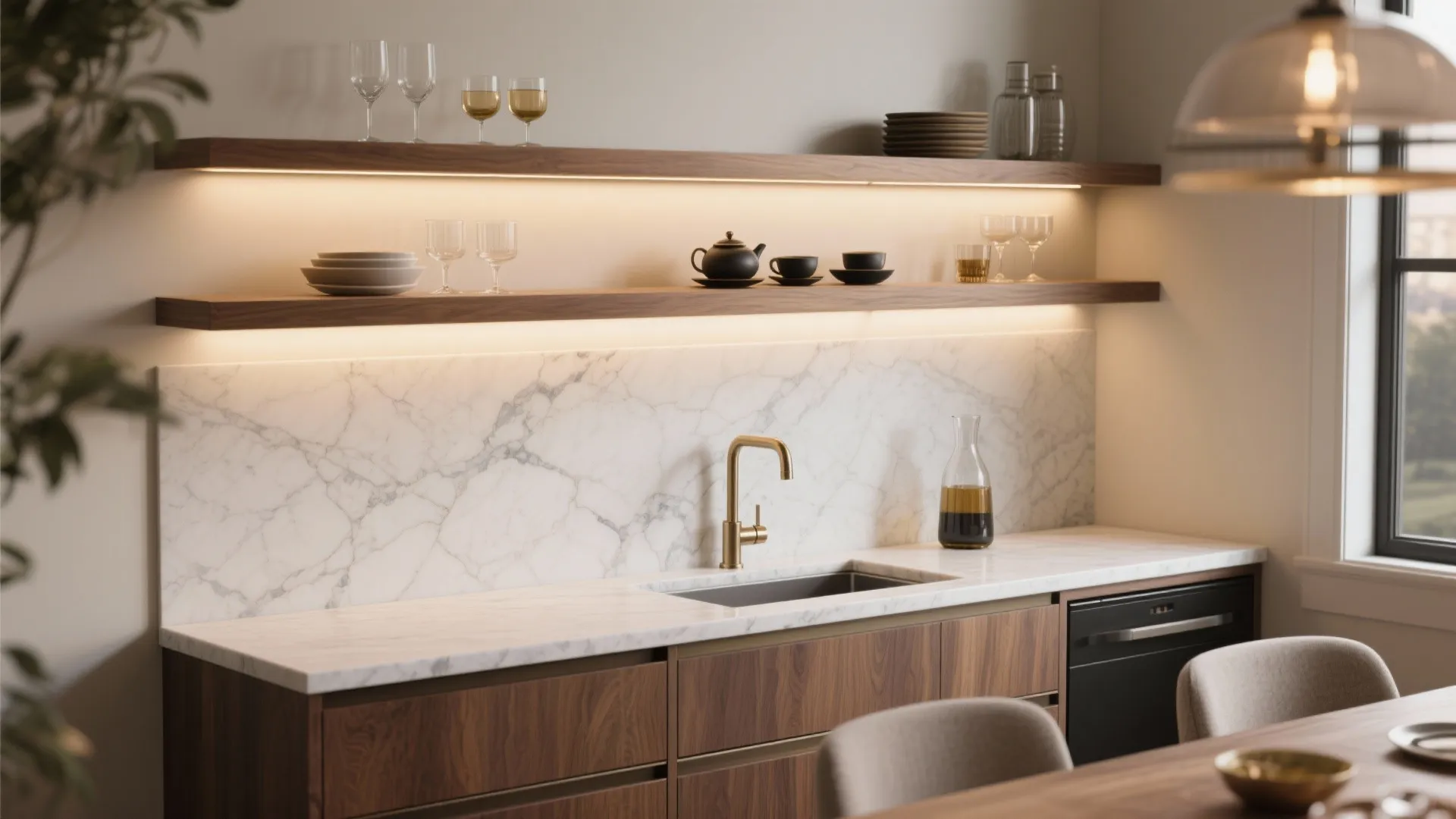 Micro Wet Bar Wall with Basin and Open Shelves