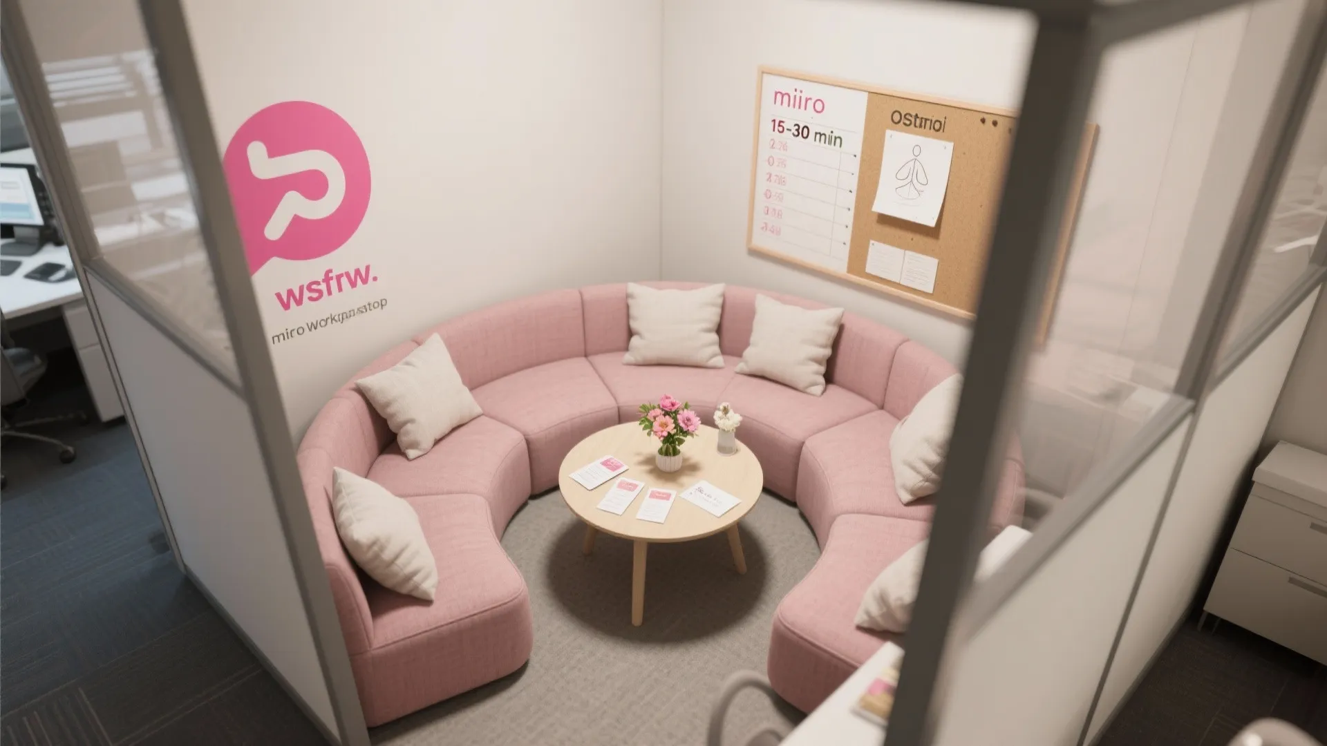 Pink curved sofa with pillows around a wooden round table in a modern small office