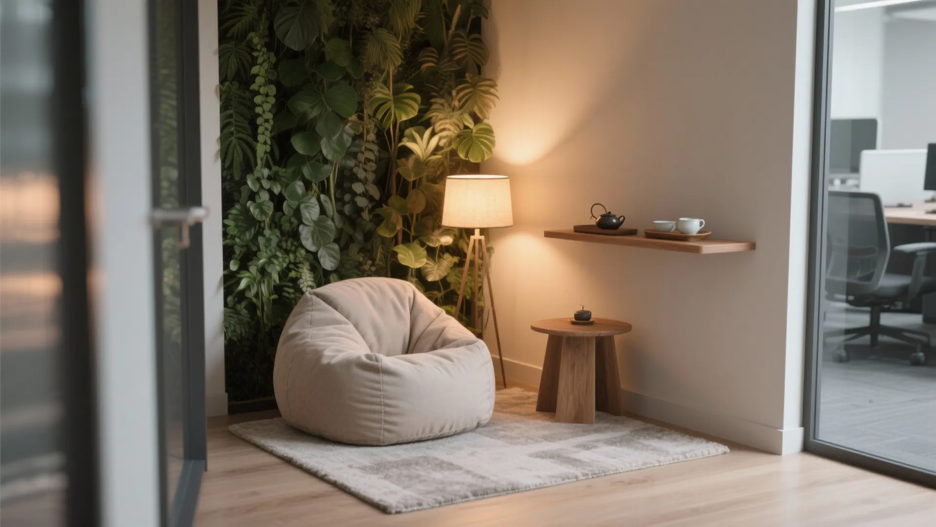 Cozy reading corner with bean bag chair, floor light, green leaf wall, and wooden table
