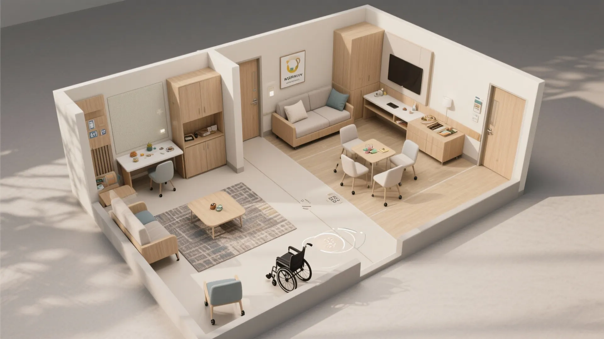 Interior design drawing of accessible apartment showing living room dining area and wheelchair turning space