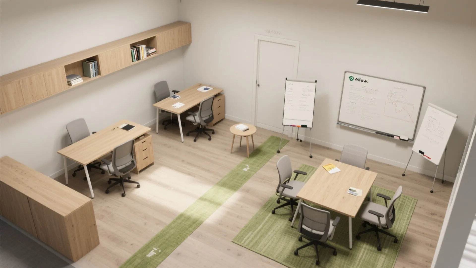 Large open office area with wooden desks grey chairs green rugs whiteboards and wall mounted cabinets