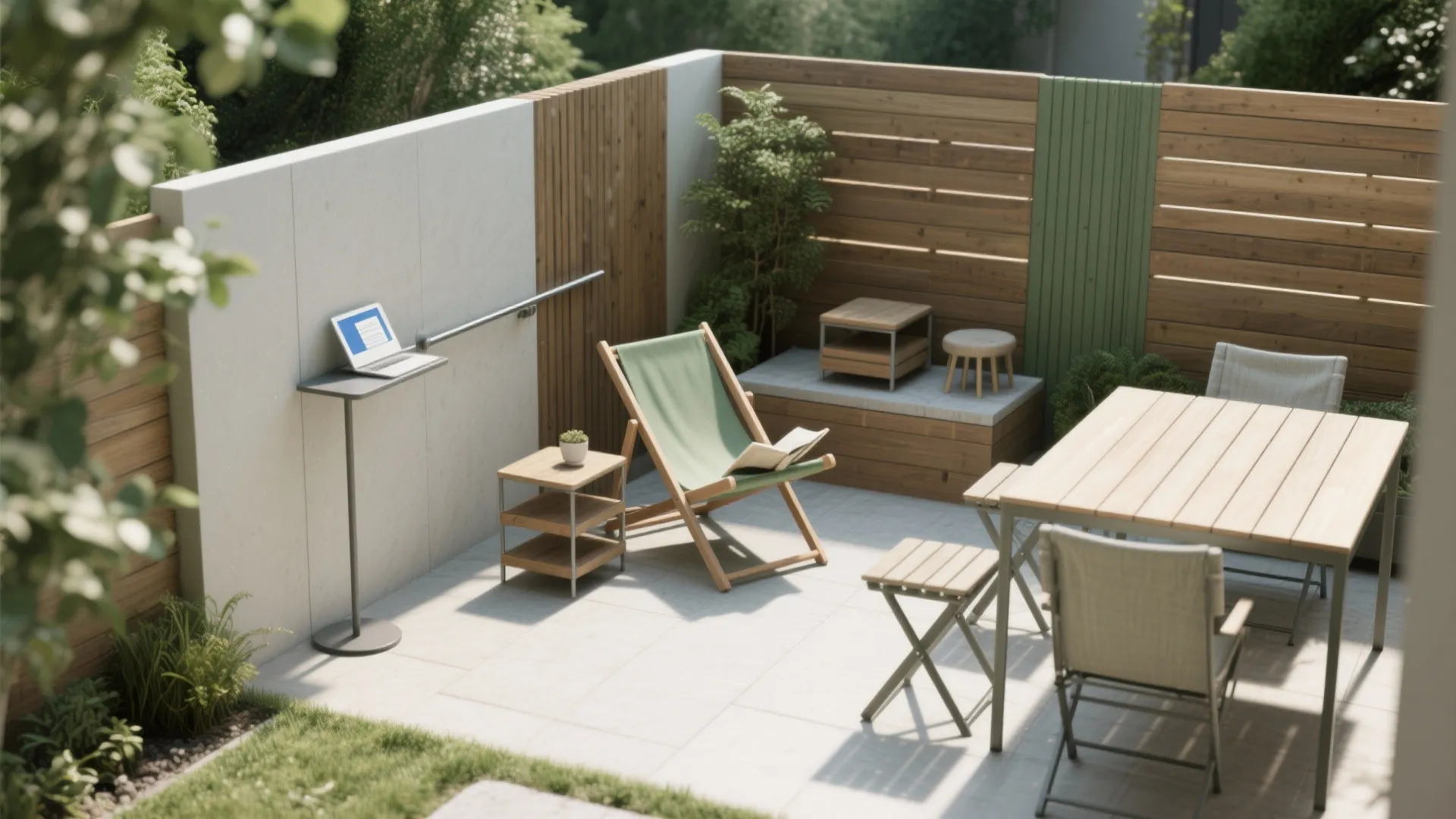 Three micro‑zones: standing rail, lounge chair, and sturdy table in a compact yard