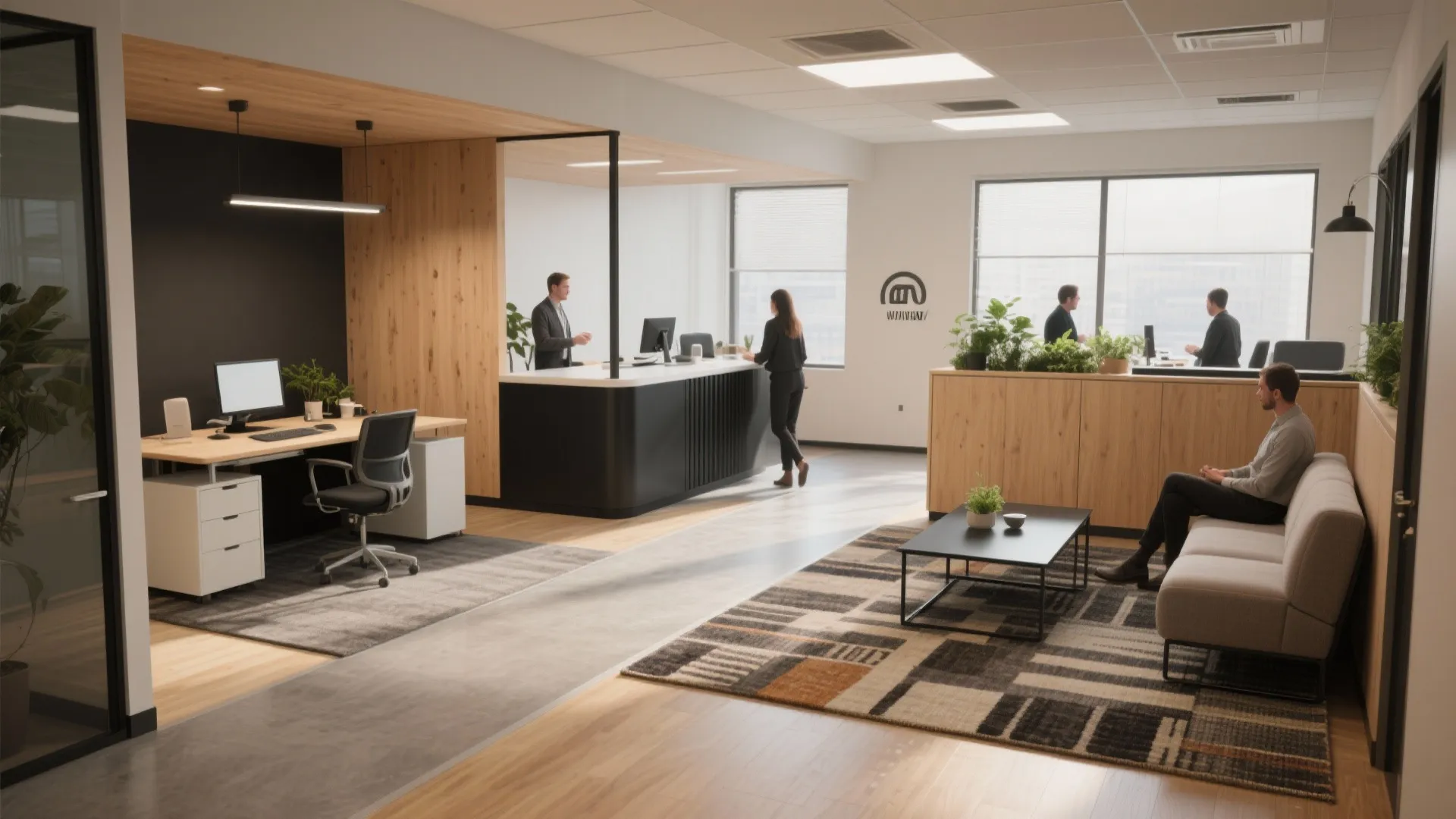 Spacious office layout featuring reception counter, work desks, patterned rug, and grey sofa waiting area