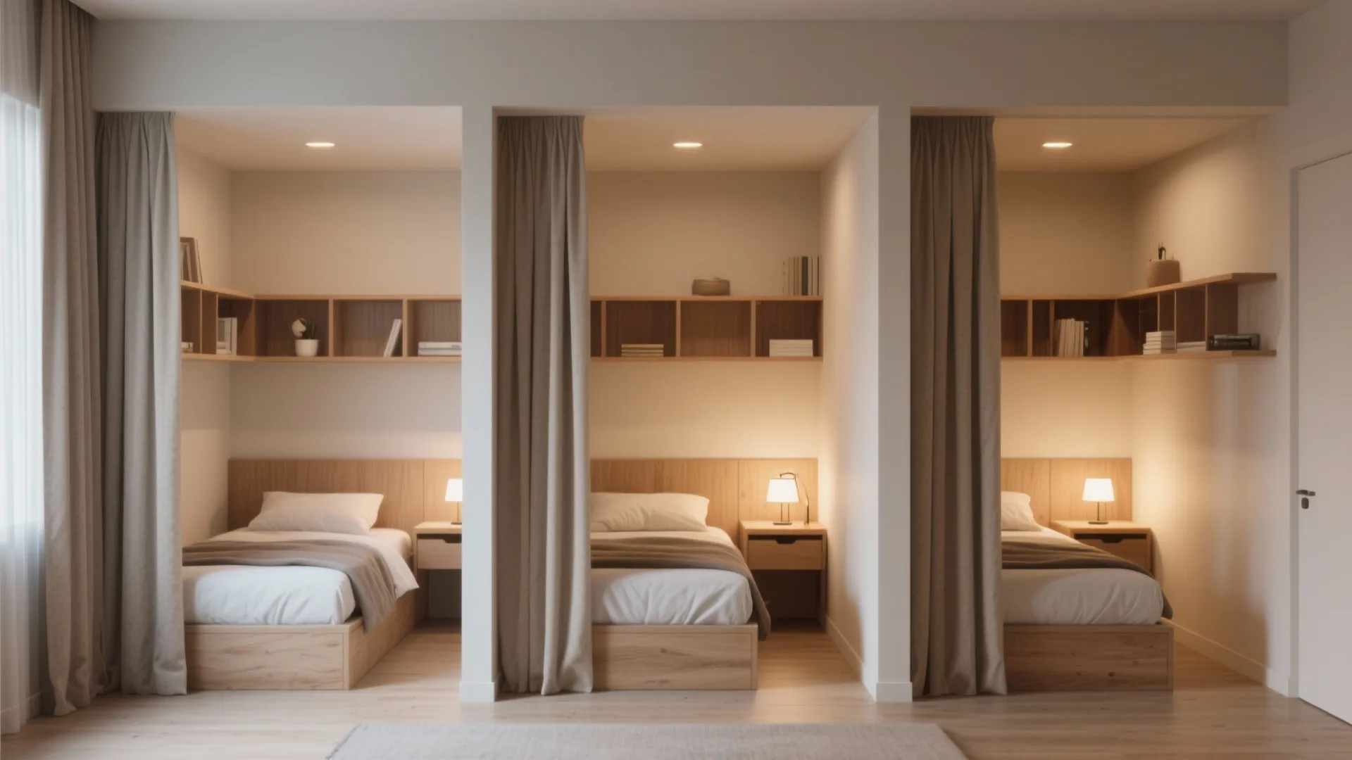 Three separate small bedroom zones with single beds and curtains for privacy in shared space