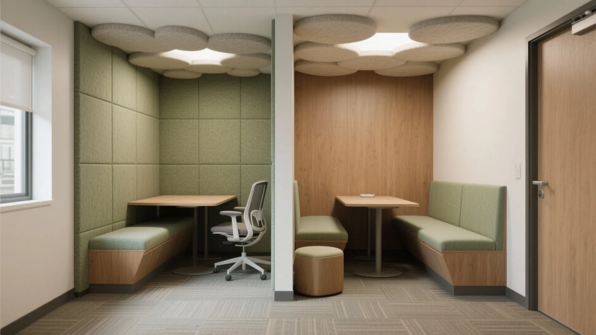 Two acoustic micro-zones in a compact study room with felt panels, ceiling cloud, rug tiles, and a sealed door for quiet focus.