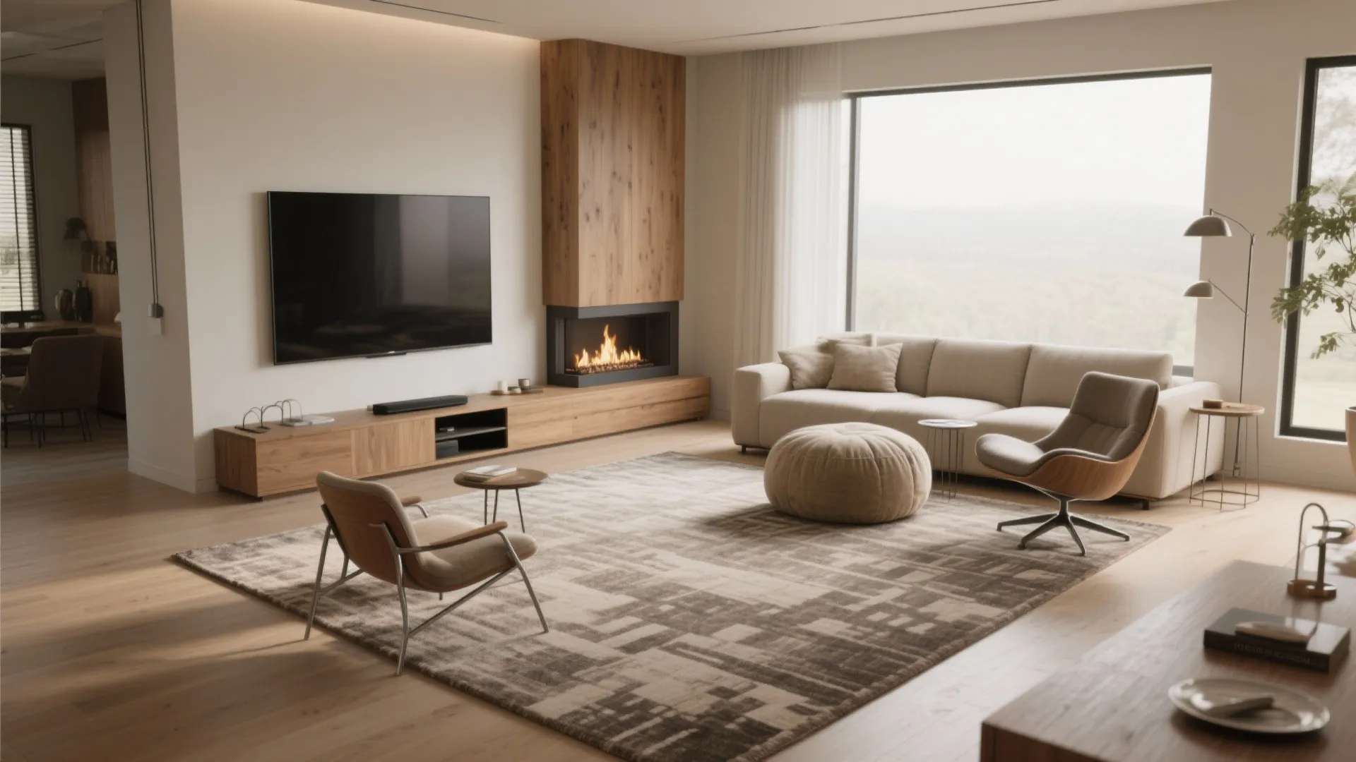 Spacious living room layout with large window beige sofa wooden wall fireplace and patterned floor rug