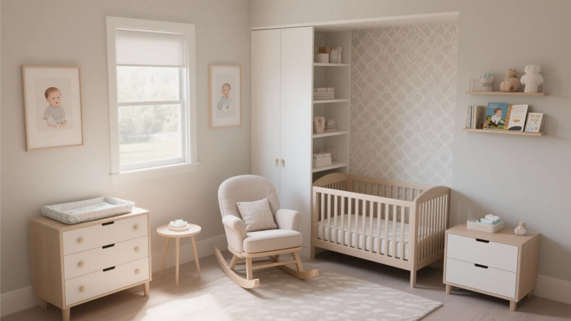 Compact nursery showing distinct micro-zones: changing dresser, rocker corner, and small crib in a neutral palette.