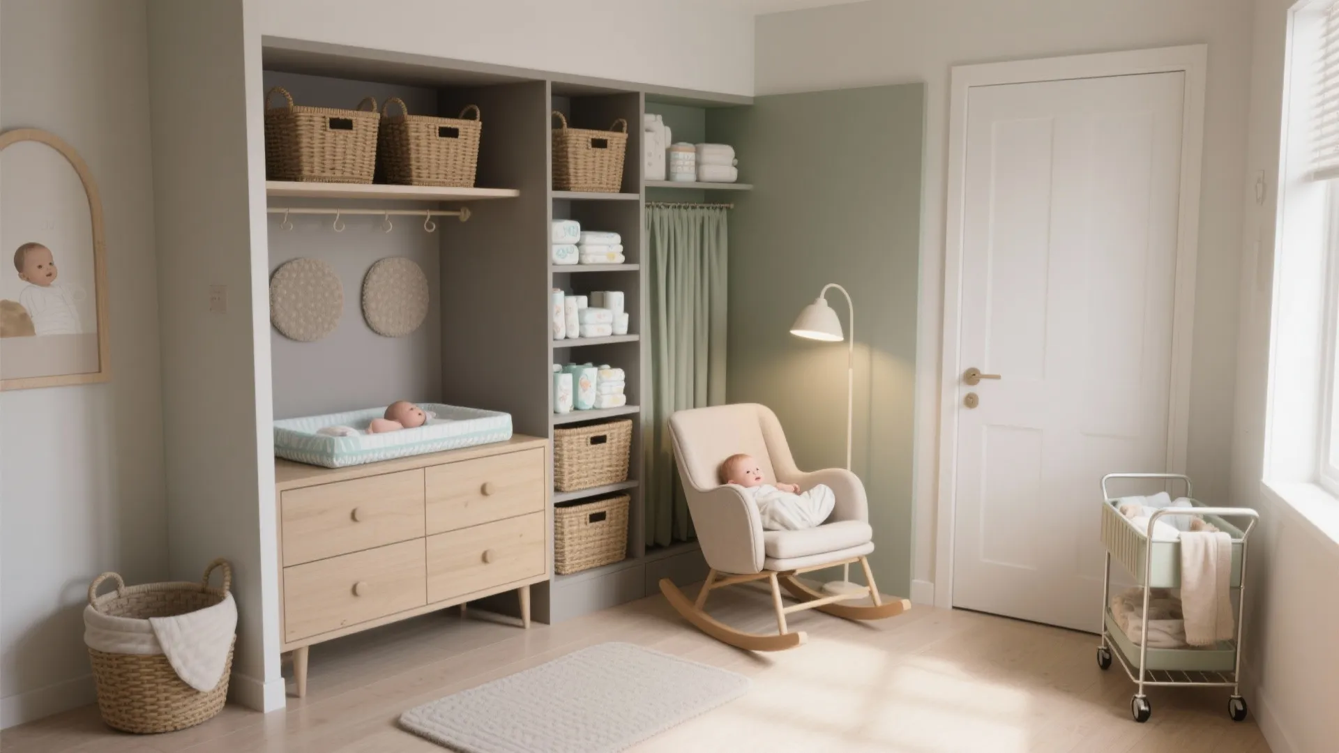 Modern nursery room featuring a wooden cabinet with baby changing mat and a rocking chair