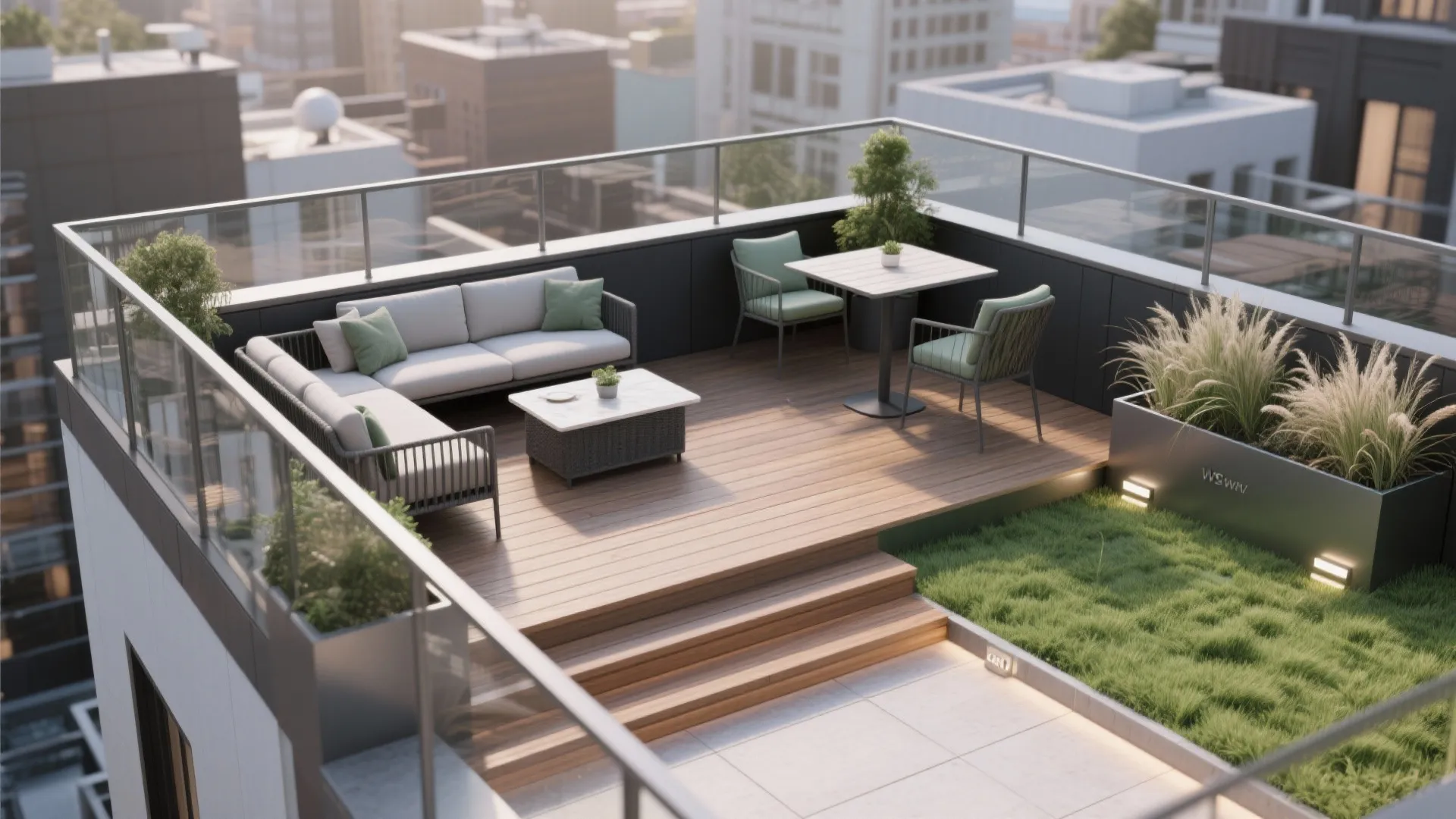 1) Micro-zones with low planters and level changes