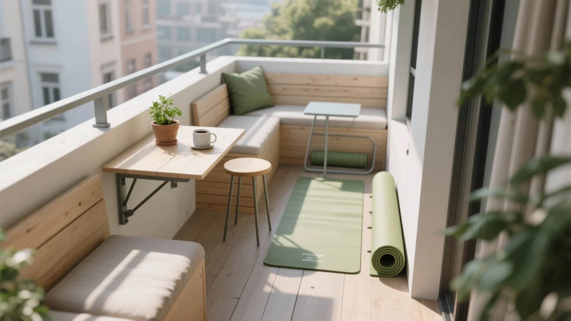 Small apartment balcony with a wooden bench wall table green yoga mats and a small plant