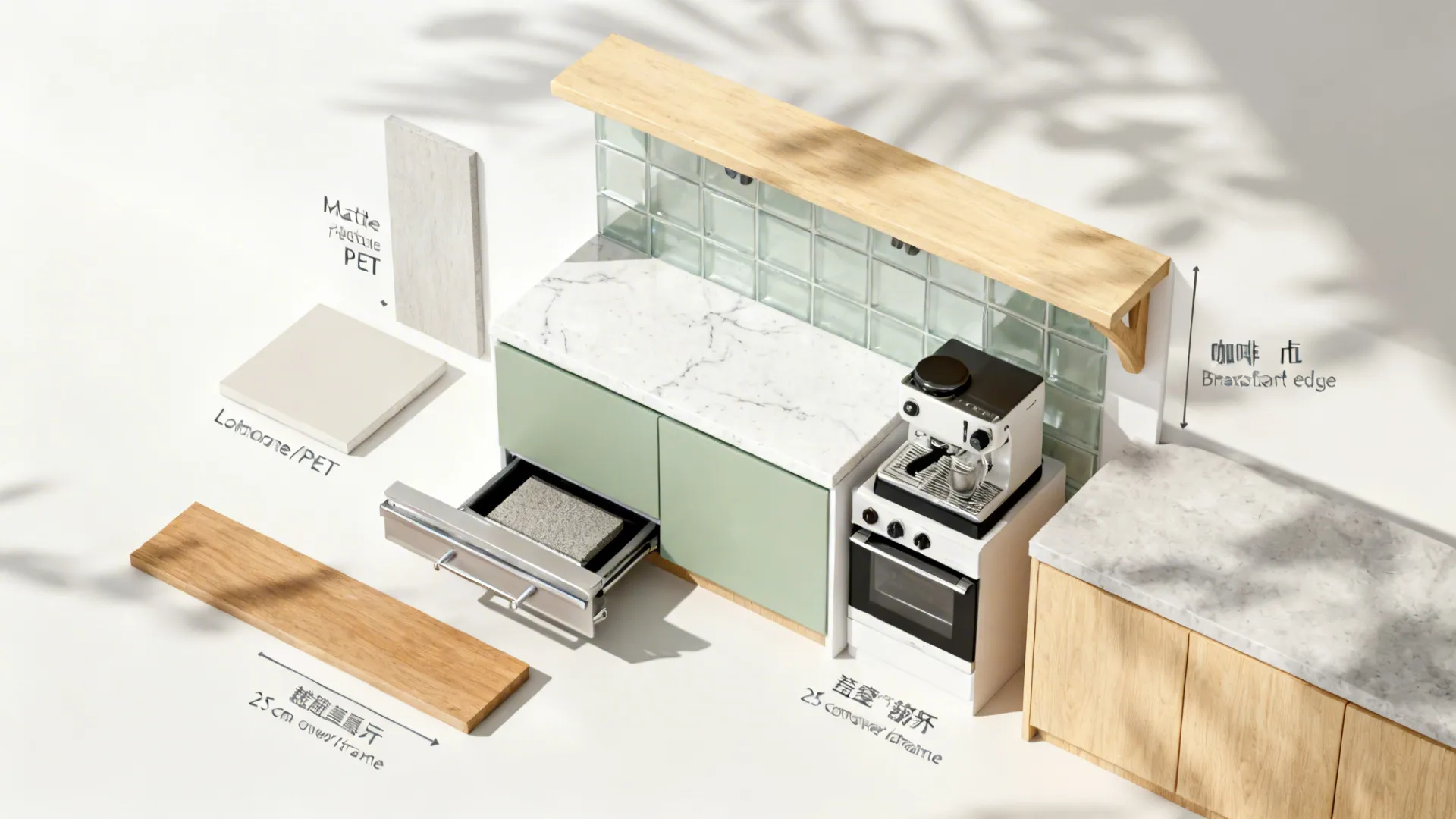 Flatlay of materials and accessories for micro-zones: matte cabinet swatch, pale quartz, satin glass, oak, and slim pantry hardware.