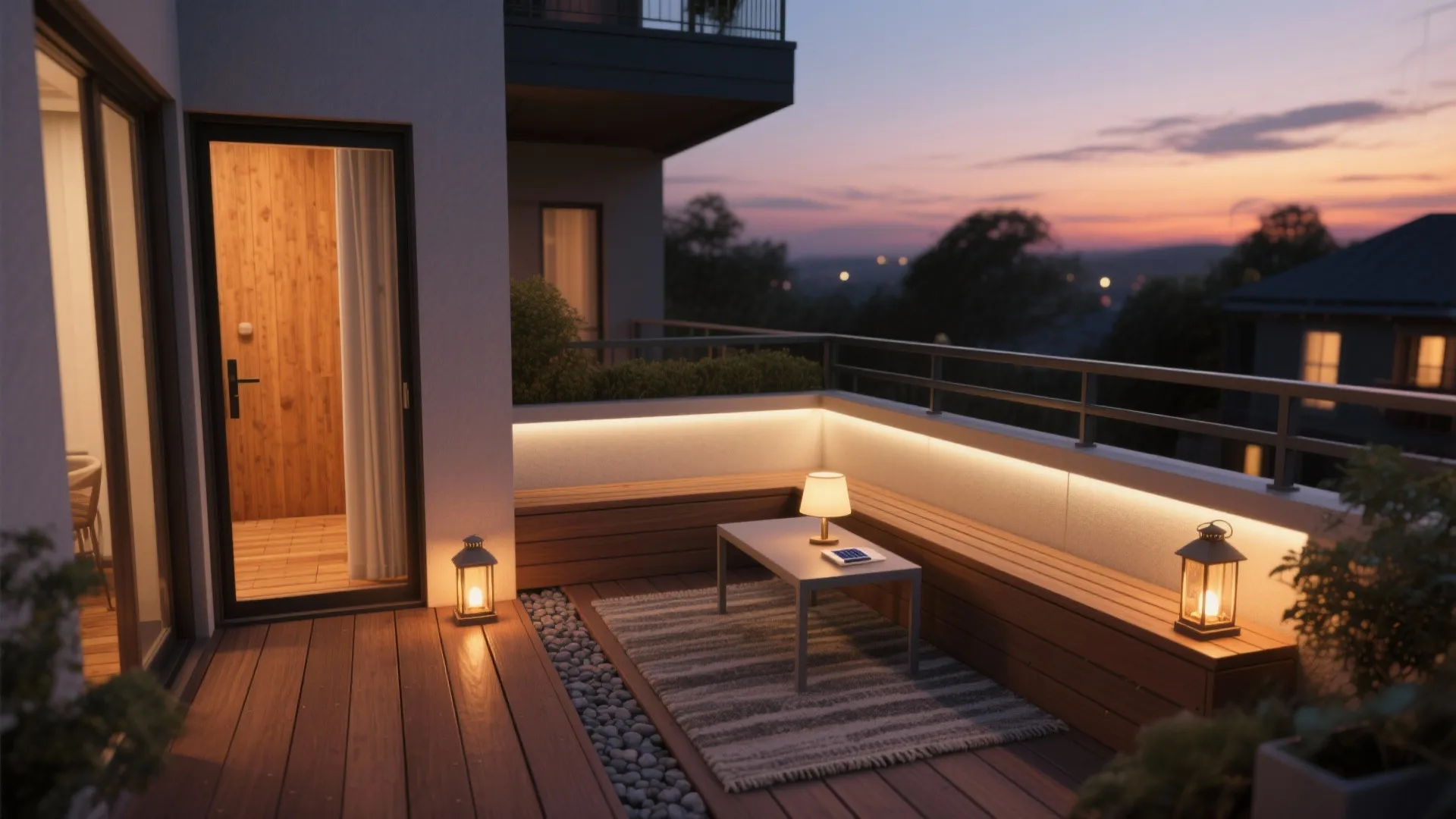 Small balcony at dusk with layered lighting and two micro decking zones.
