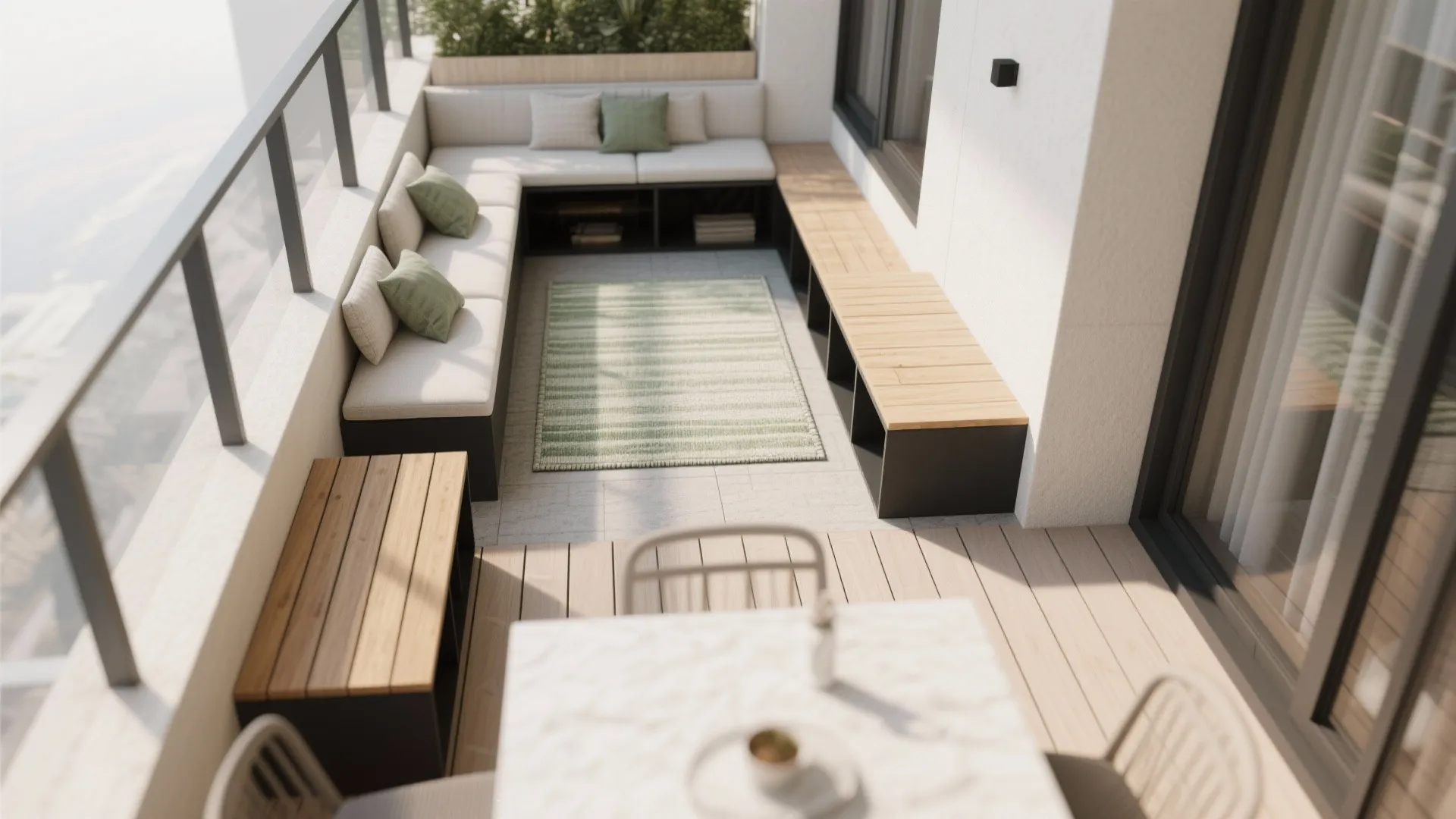 Micro-zones: a rug for seating, a ledge for dining, and a bench that fits