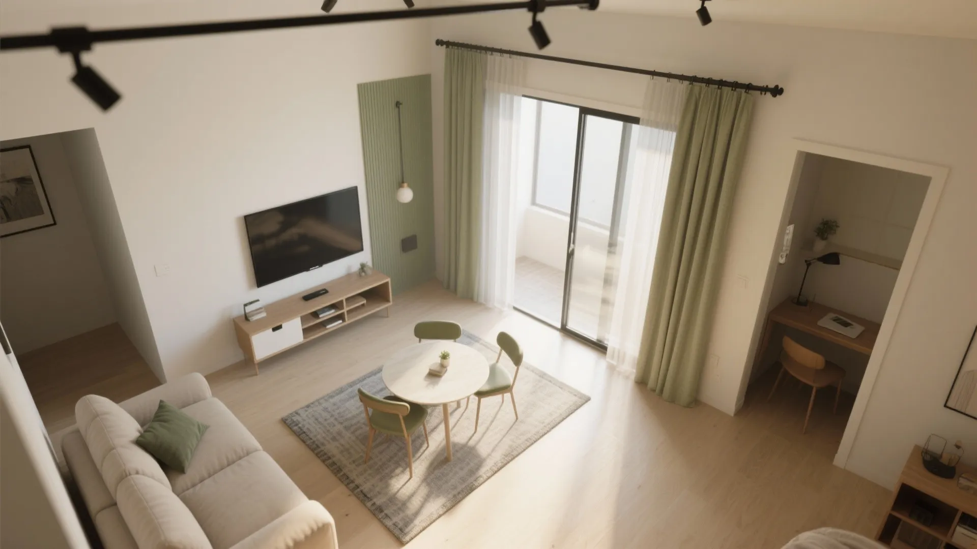 Micro-zones with sliding partitions, rugs, and ceiling tracks