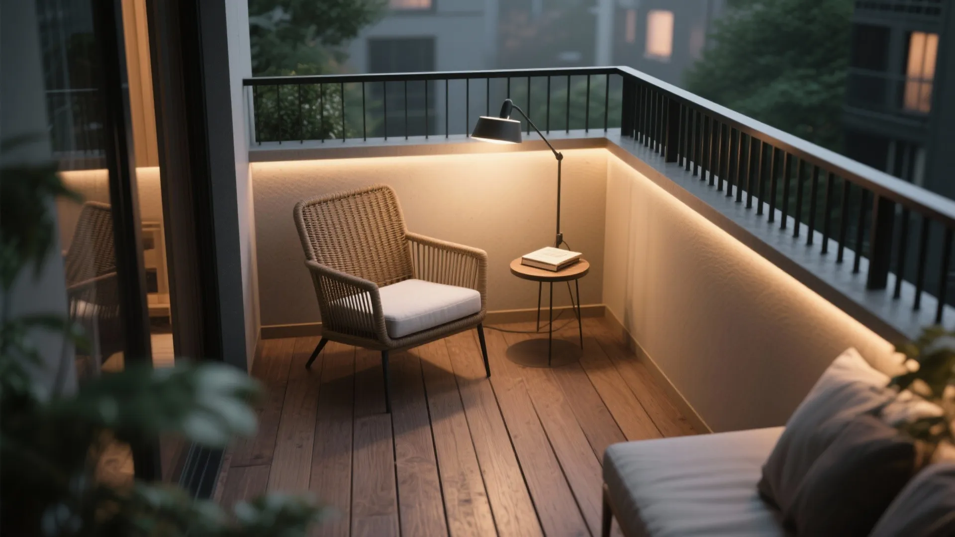 Modern balcony featuring a woven chair and small table under warm floor and wall lighting