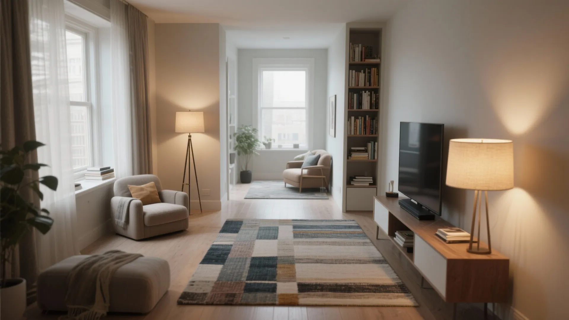Living room with colorful rug, grey armchair, floor lamp, bookshelf, and television on wooden cabinet