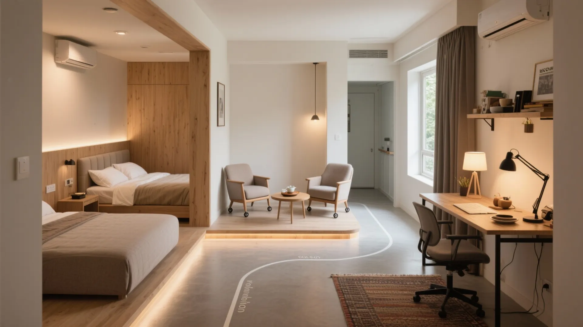 Modern studio apartment layout with two beds sitting area work desk and light wood furniture
