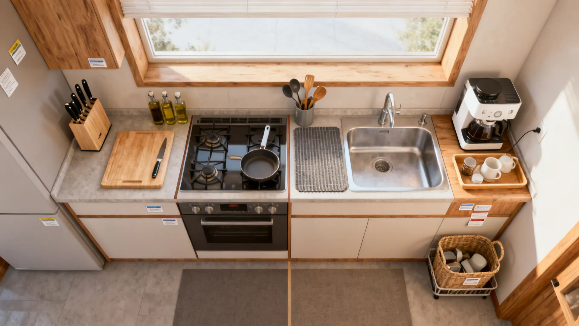 Top-down view mapping prep, cook, clean, and brew micro-zones on a compact counter.