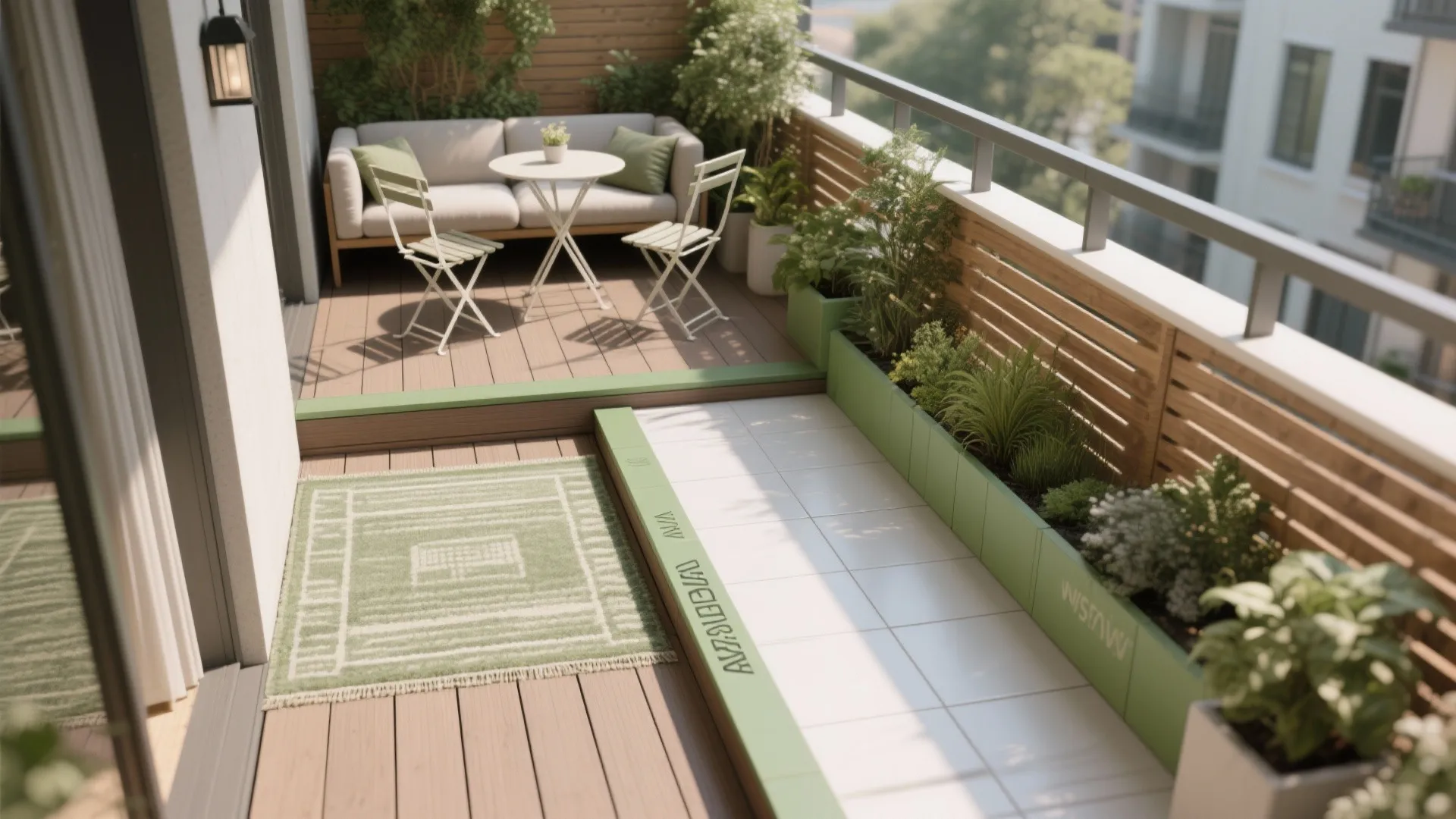 Modern balcony design with wood deck green planters white sofa small table and green patterned rug