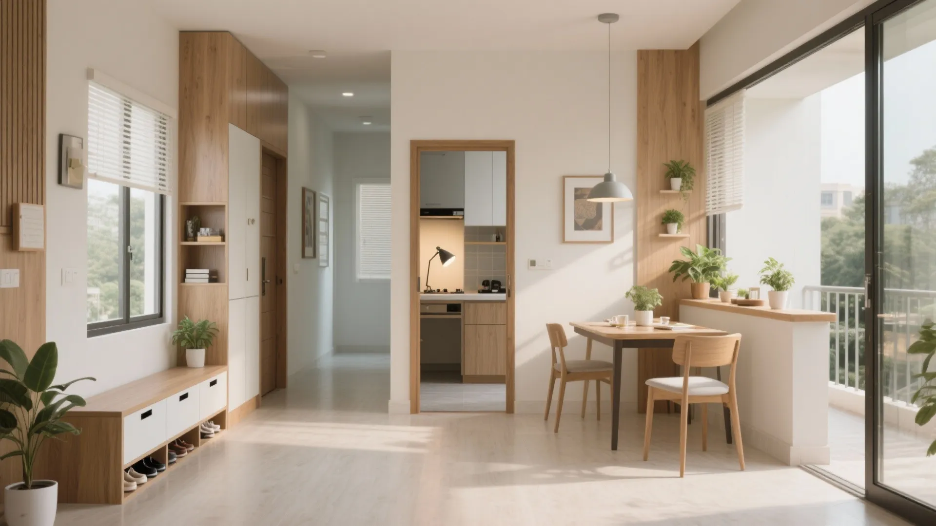 Micro-Zoning: Foyer, Study Nook, and Balcony Dining