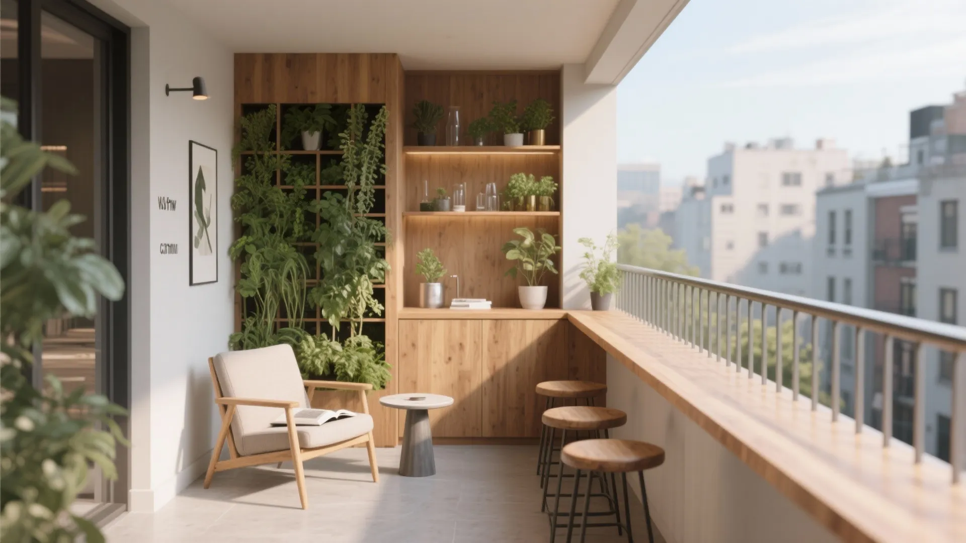 Compact balcony divided into a green corner, a quiet reading seat, and a slim bar ledge with stools.
