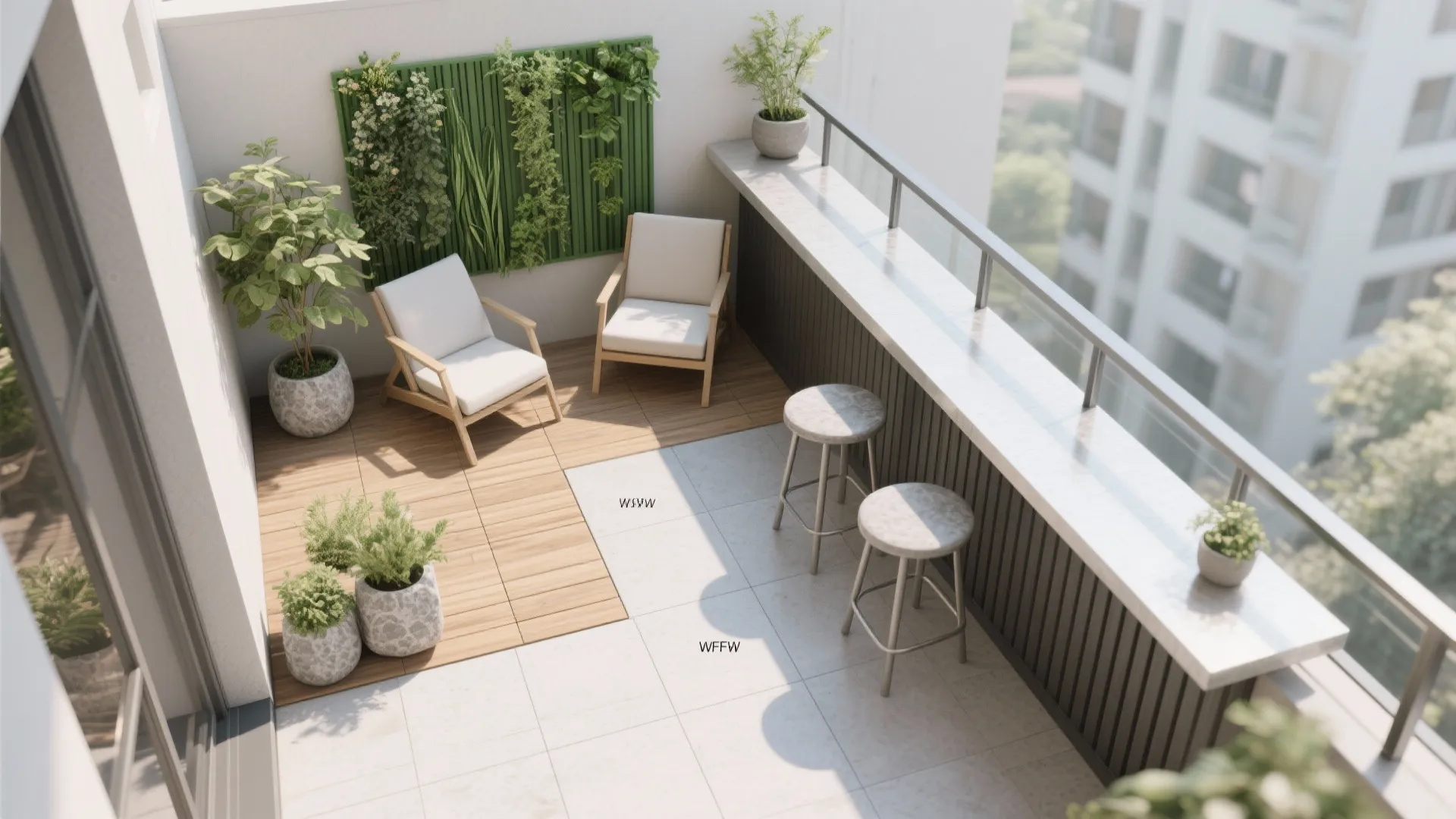 Top-down plan of a small balcony with a green corner, a quiet seat, and a slim bar ledge along the rail.