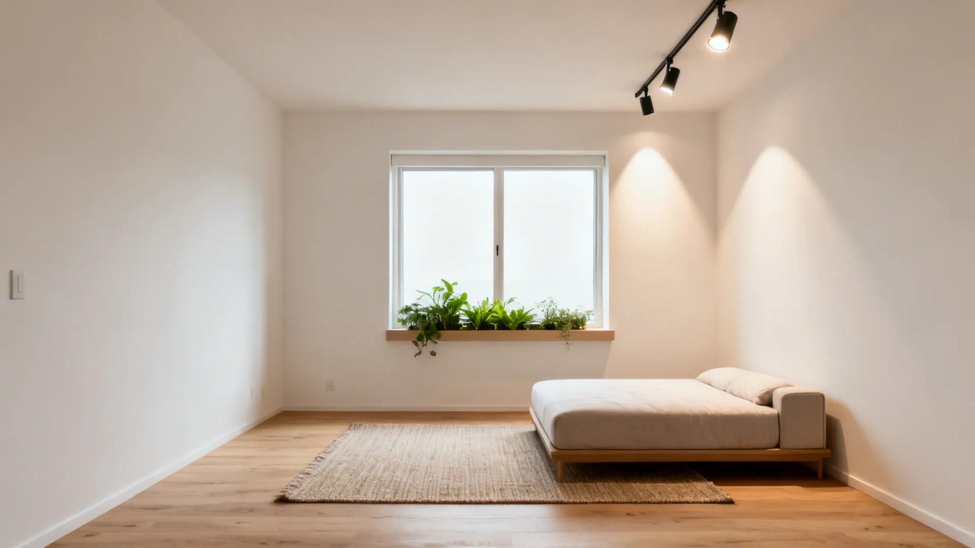 Micro-zoning with rugs, track lighting, and a plant shelf