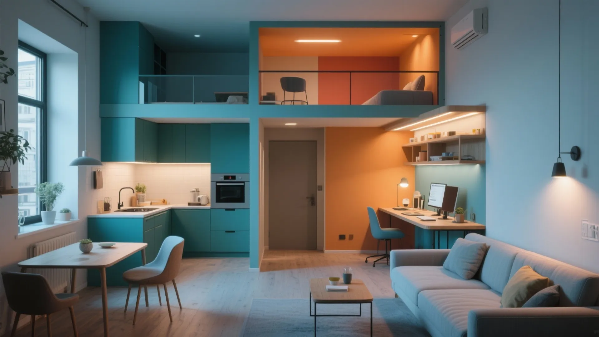 2. Create functional color zones in open-plan micro-apartments
