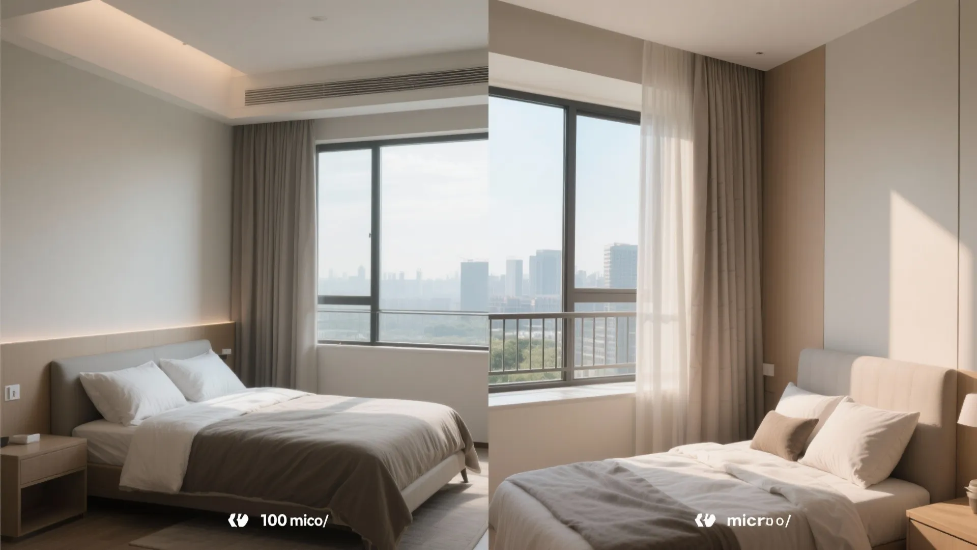 Before-and-after view comparing single-aspect bedroom to dual-aspect with micro-balcony and better airflow.