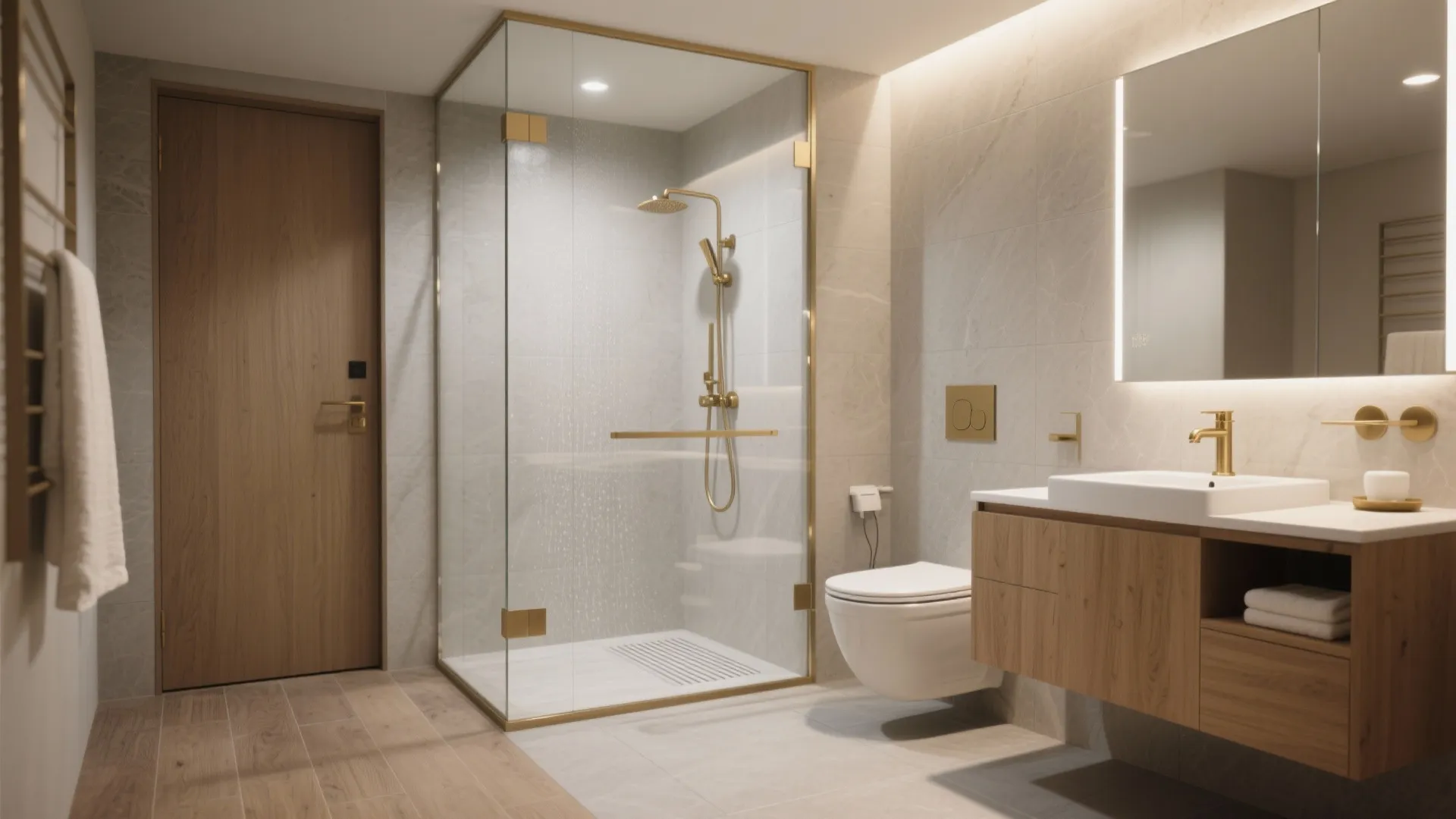Modern bathroom with glass shower door gold fixtures wooden cabinet white toilet and large wall mirror