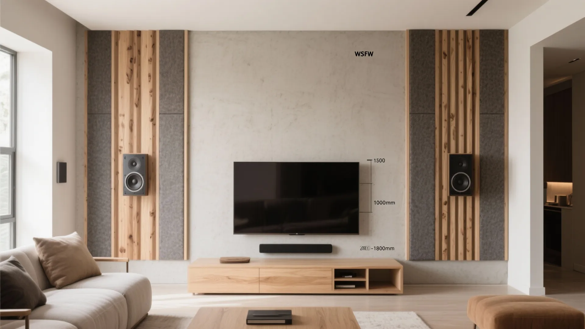 Microcement TV wall with vertical acoustic slat panels at ear height.