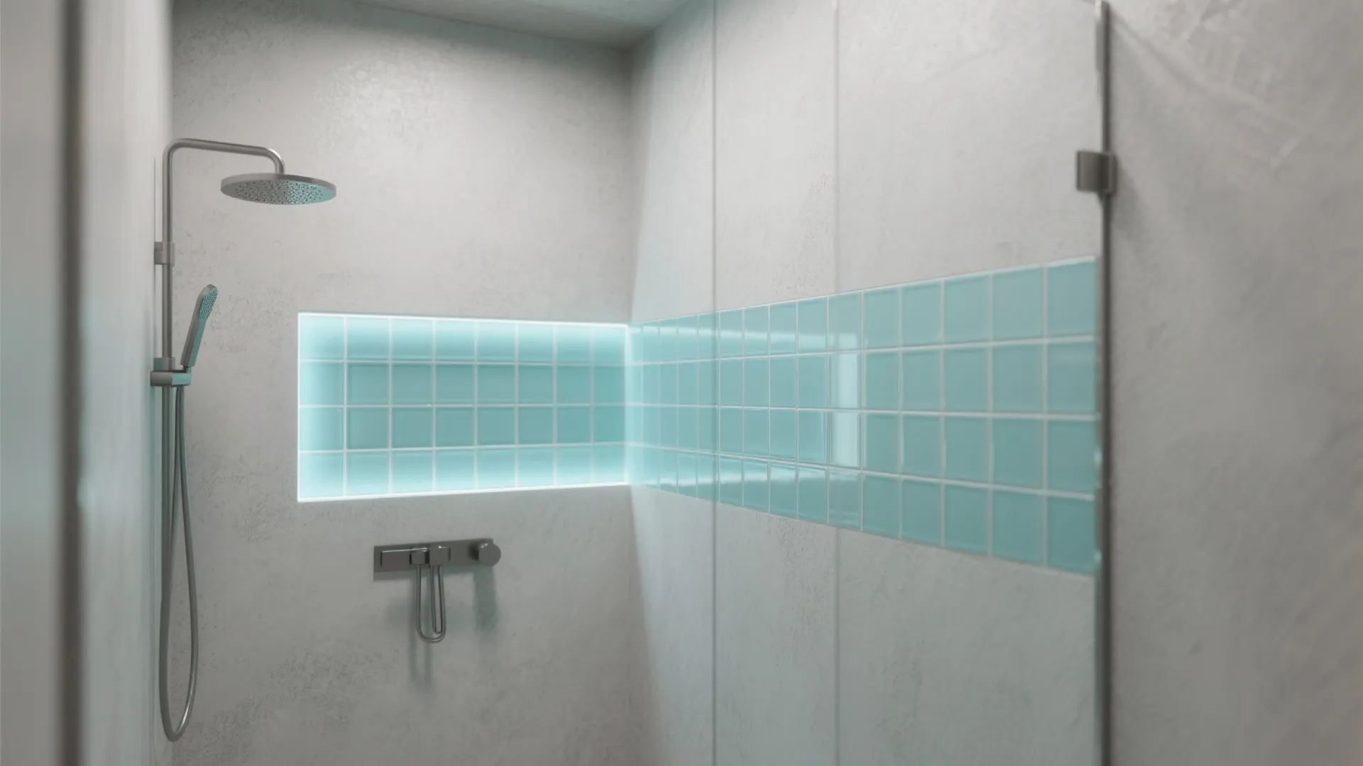 5. Pale grey microcement + aqua glass tile niche