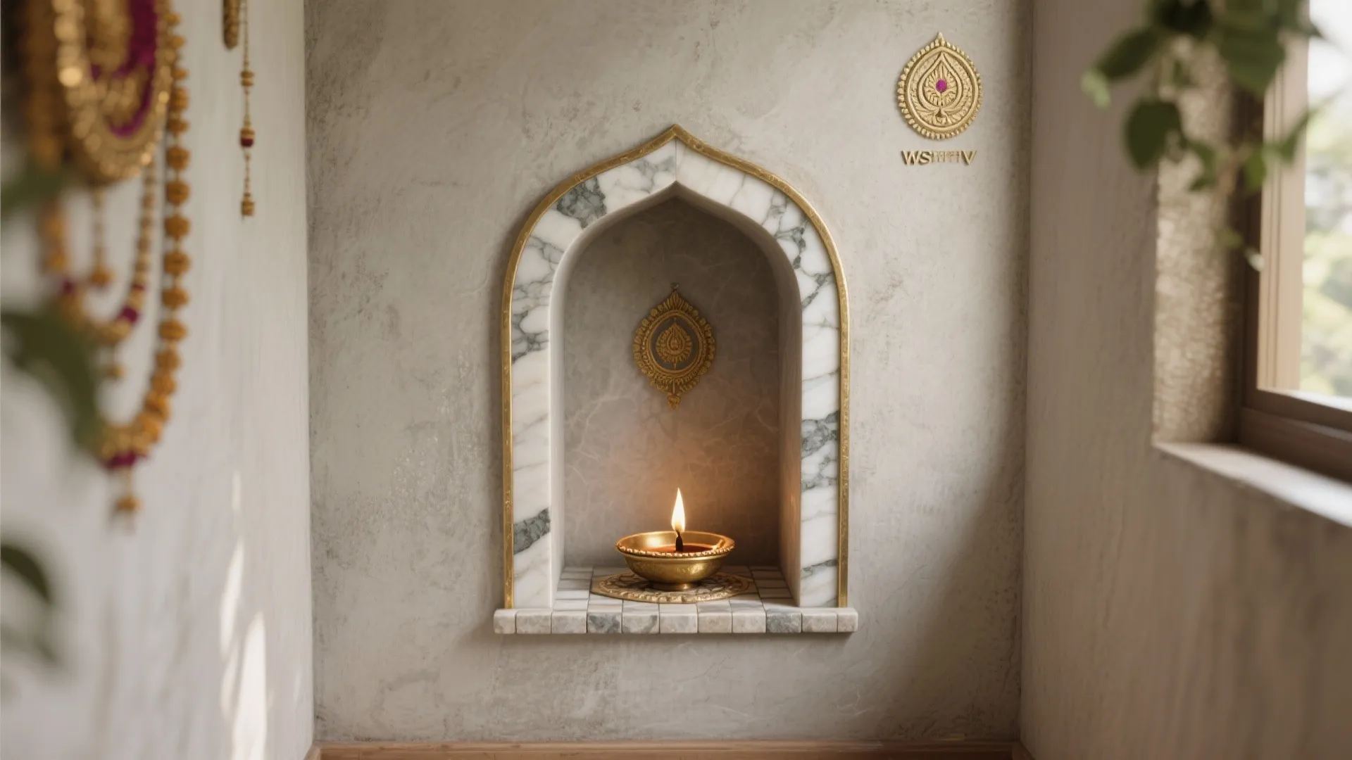 Arched wall niche with marble frame gold trim and lit oil lamp on stone base