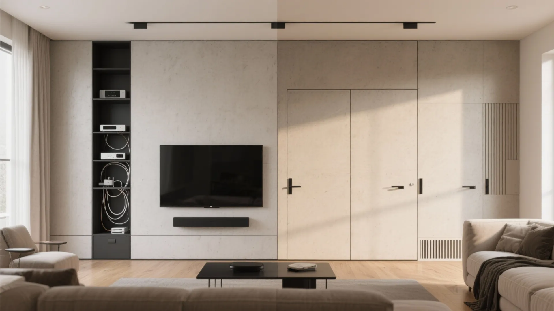 Before-and-after TV wall: cluttered setup versus seamless microcement with concealed storage and shadow-gap details.