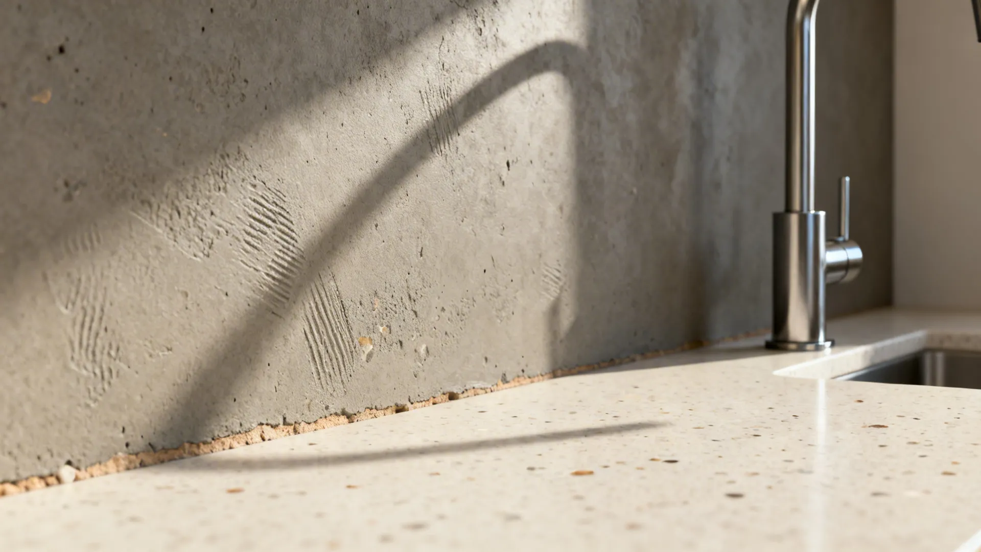 Macro of microcement backsplash with subtle trowel texture beside a stainless faucet.