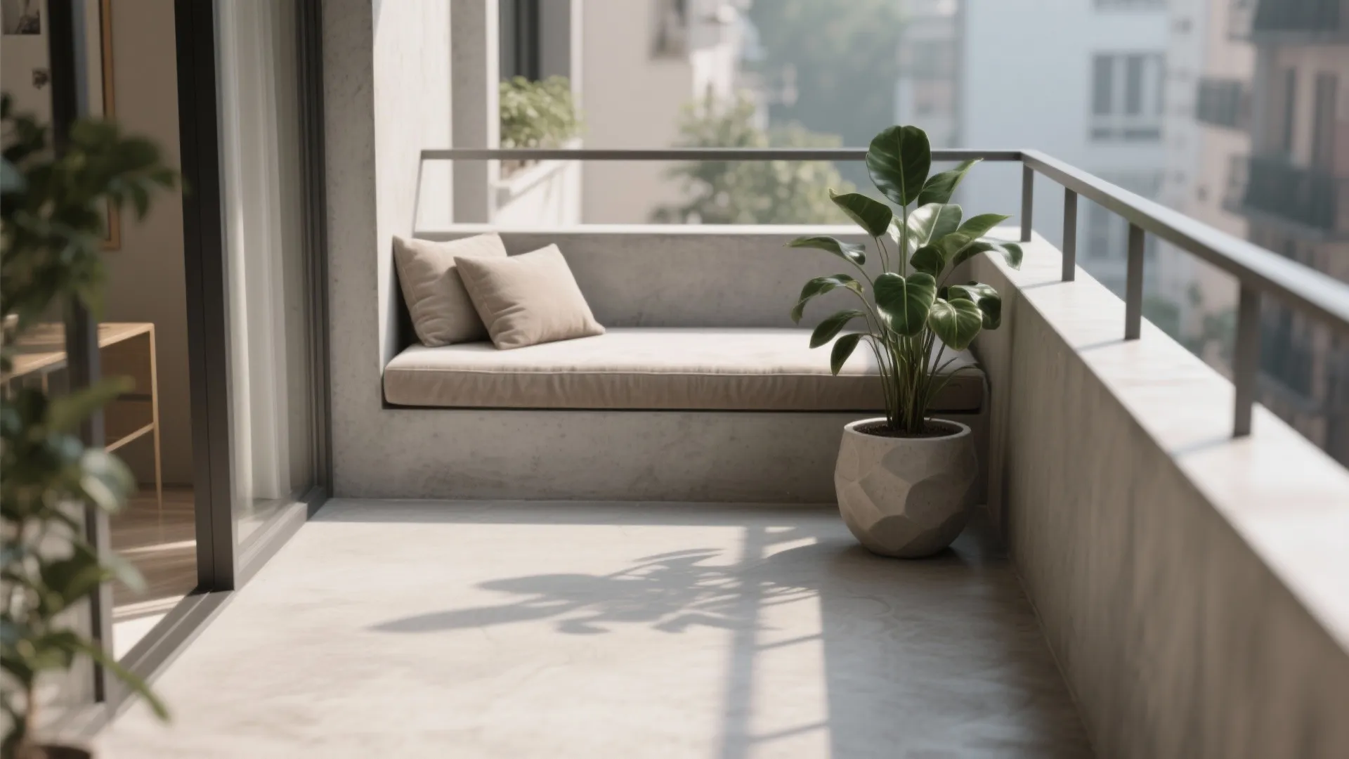Modern balcony with cement floor featuring a built-in sofa with cushions and a potted plant