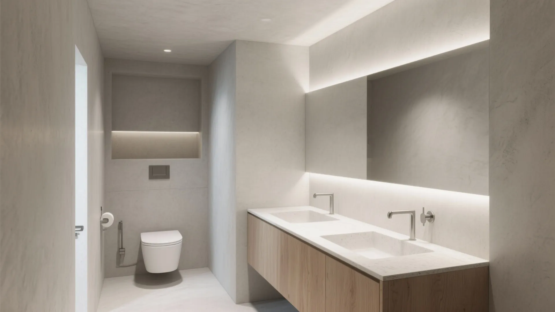 Seamless wet-zone microcement + putty hybrid