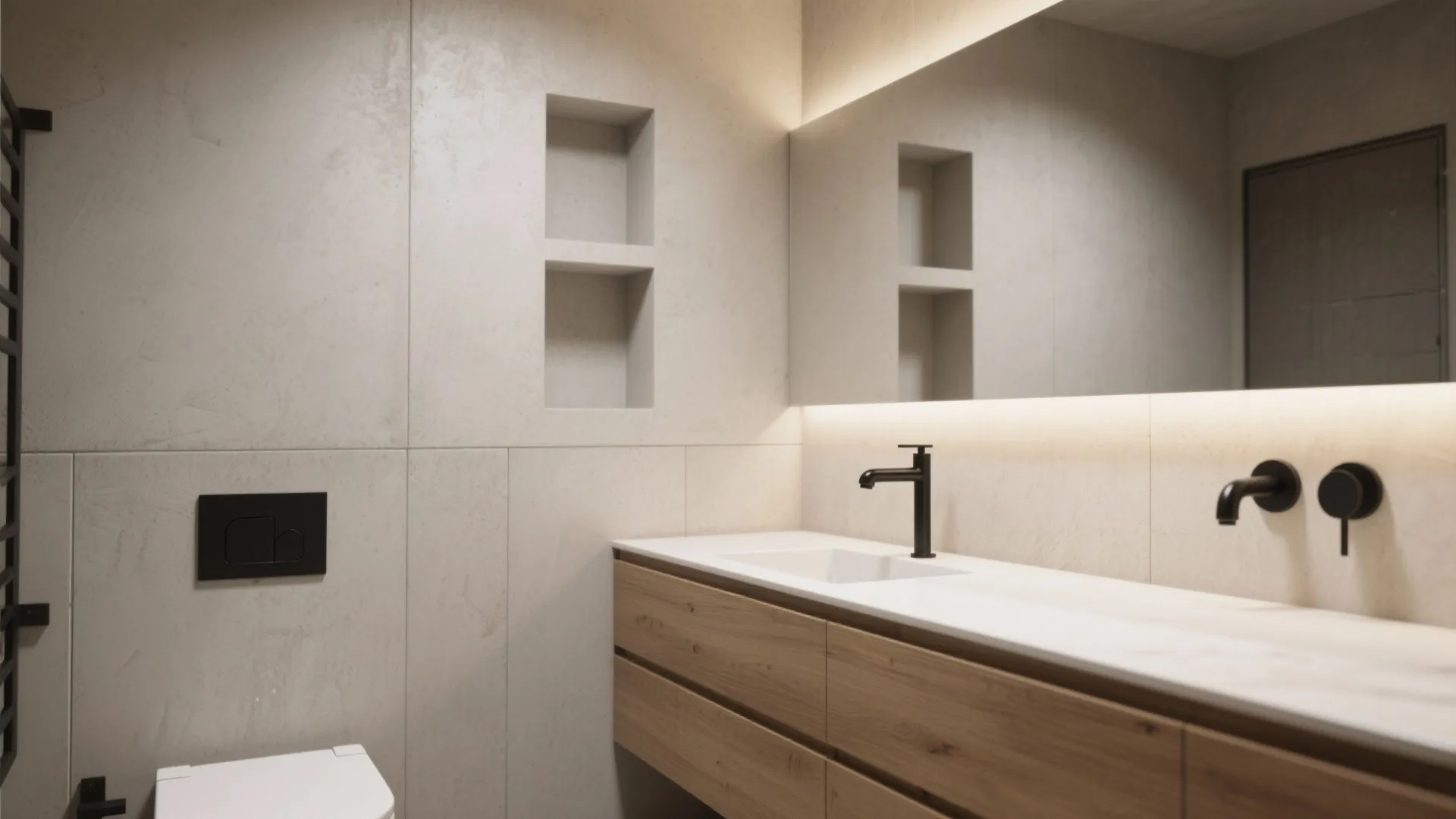 Modern bathroom with wooden cabinet white sink black faucet large mirror and grey stone wall