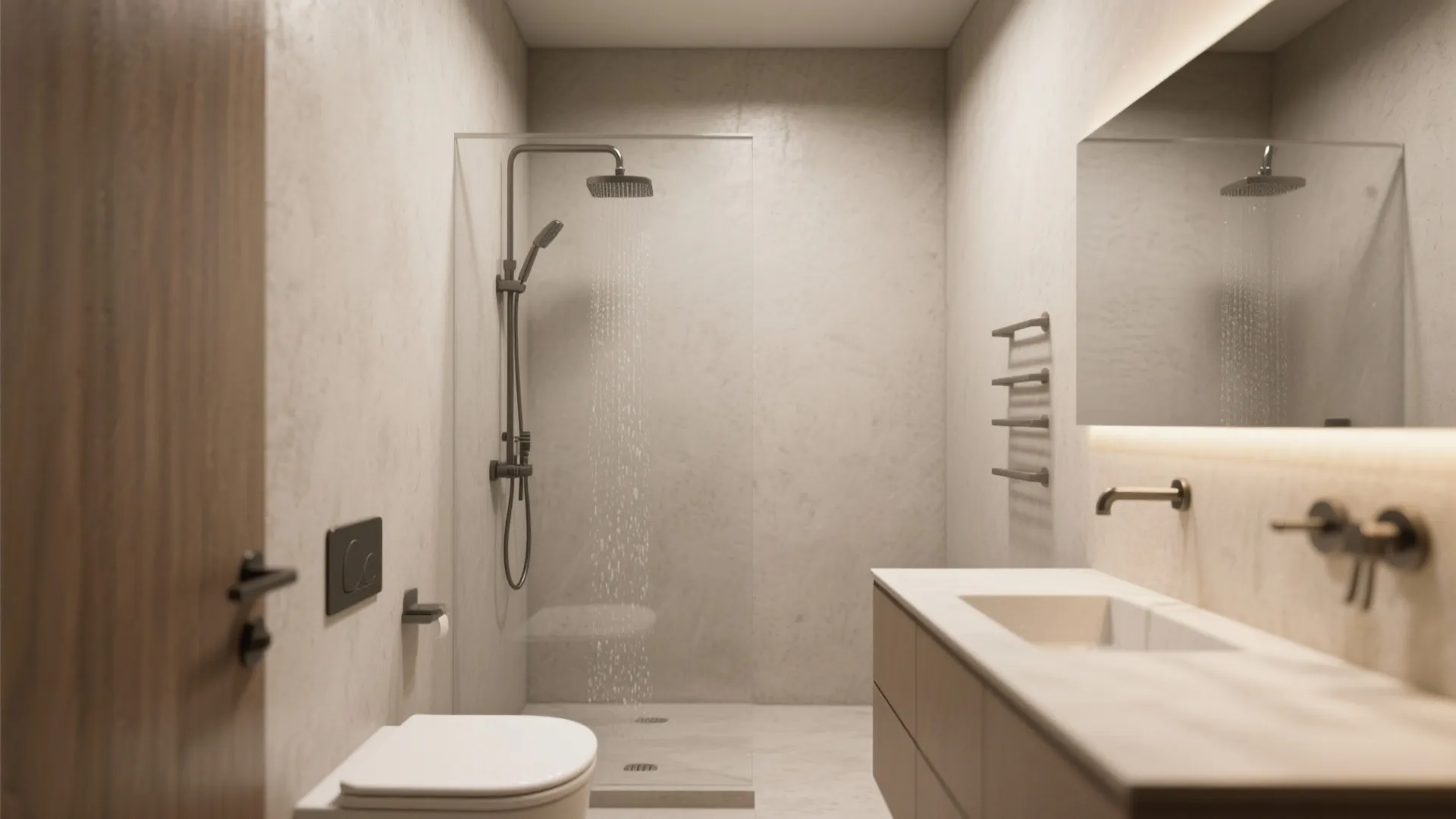 Small bathroom with seamless microcement walls and minimalist fixtures showing a continuous, waterproof finish.