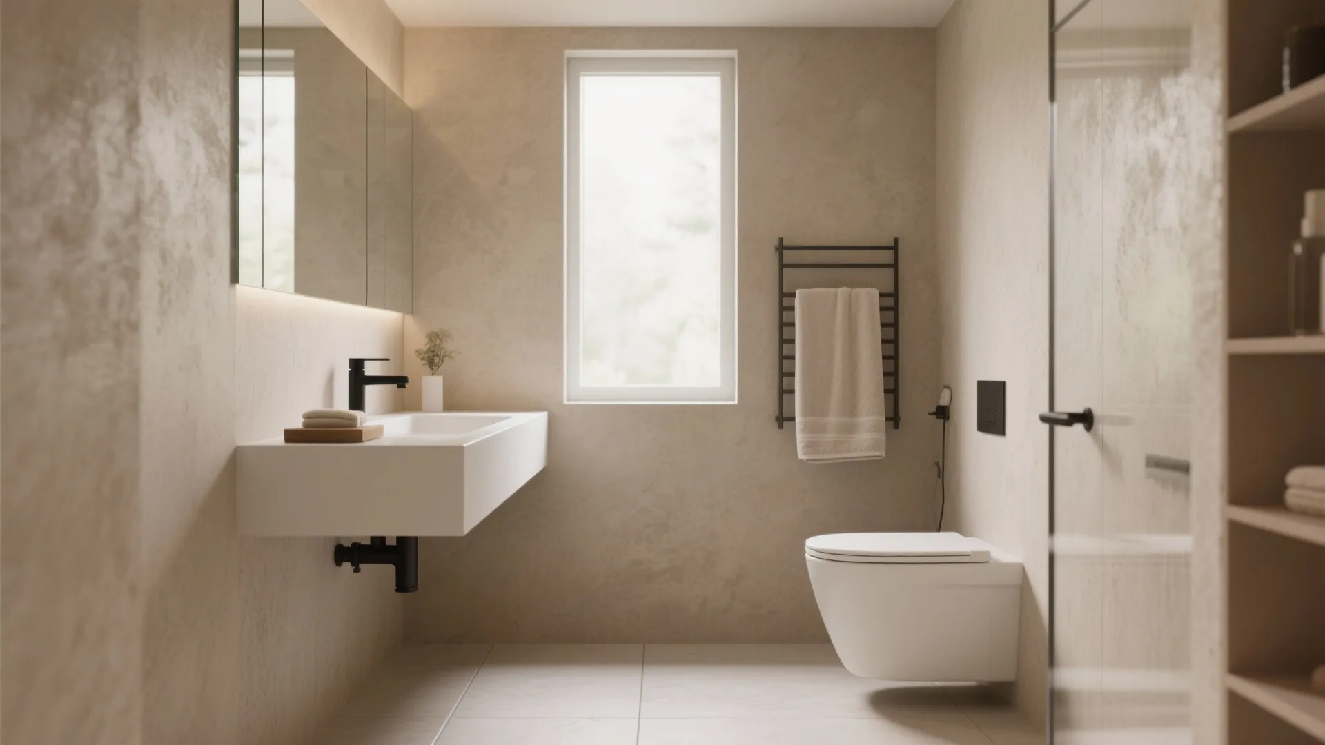 Compact bathroom with greige microcement walls and minimal vanity in soft daylight