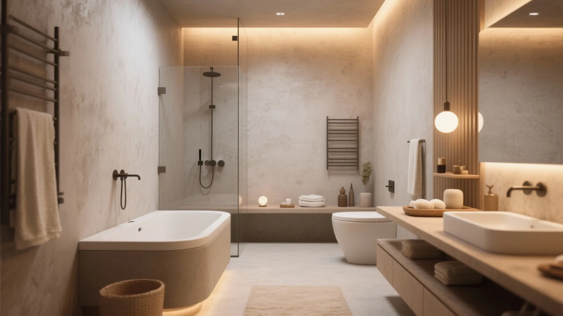 Minimalist bathroom design with grey concrete walls a bathtub glass shower and warm ambient lighting