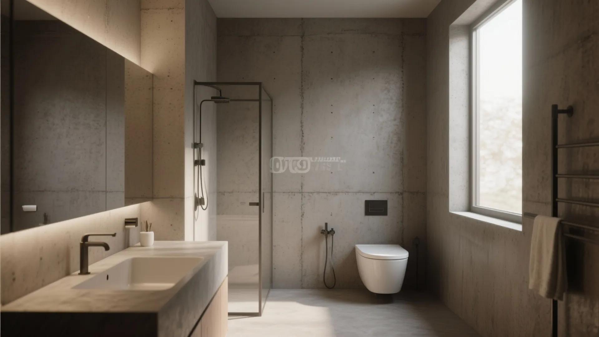 Minimalist bathroom featuring grey concrete walls glass shower door white toilet sink and a large window