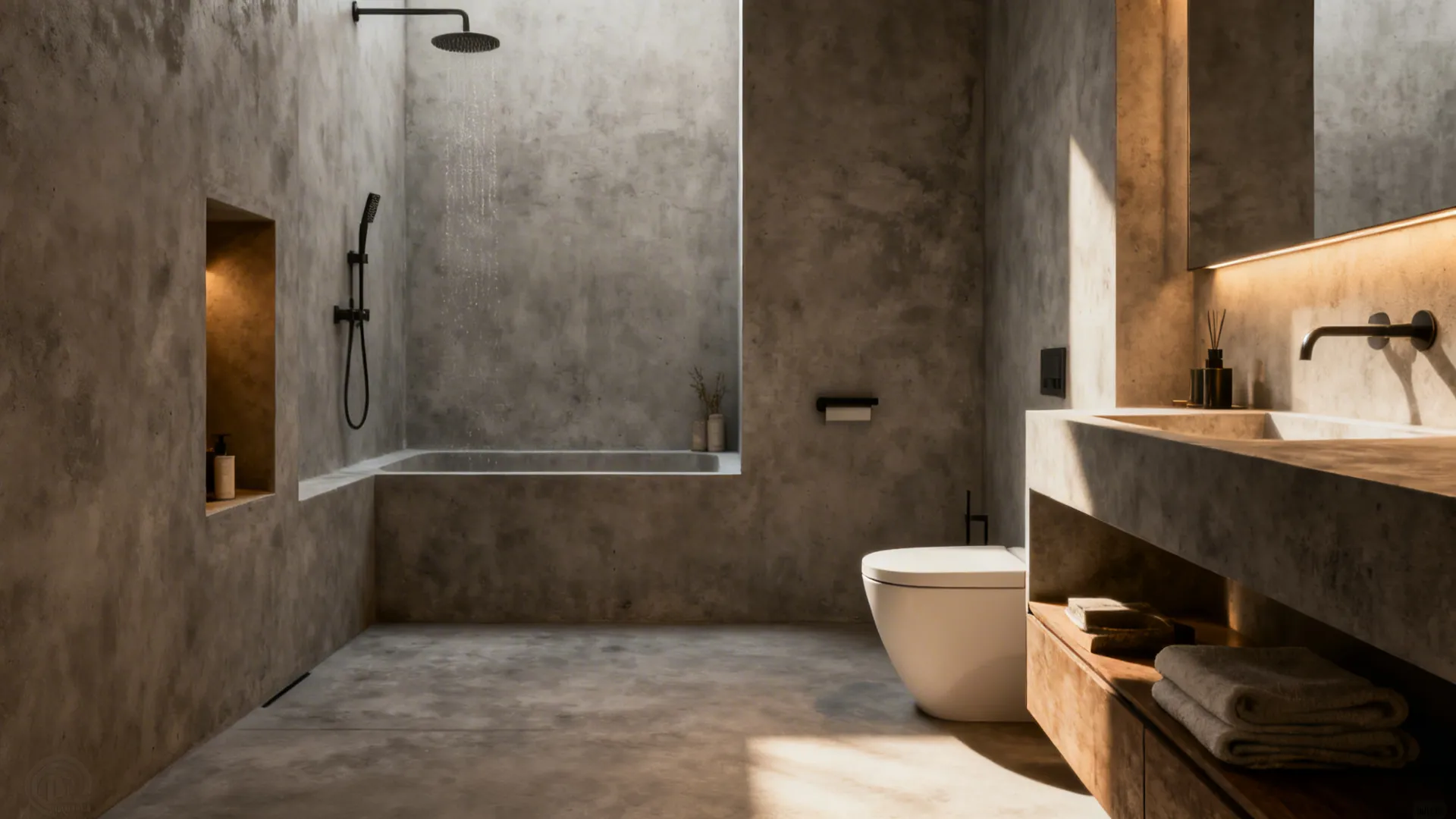 Modern bathroom with seamless microcement walls and integrated shower niche