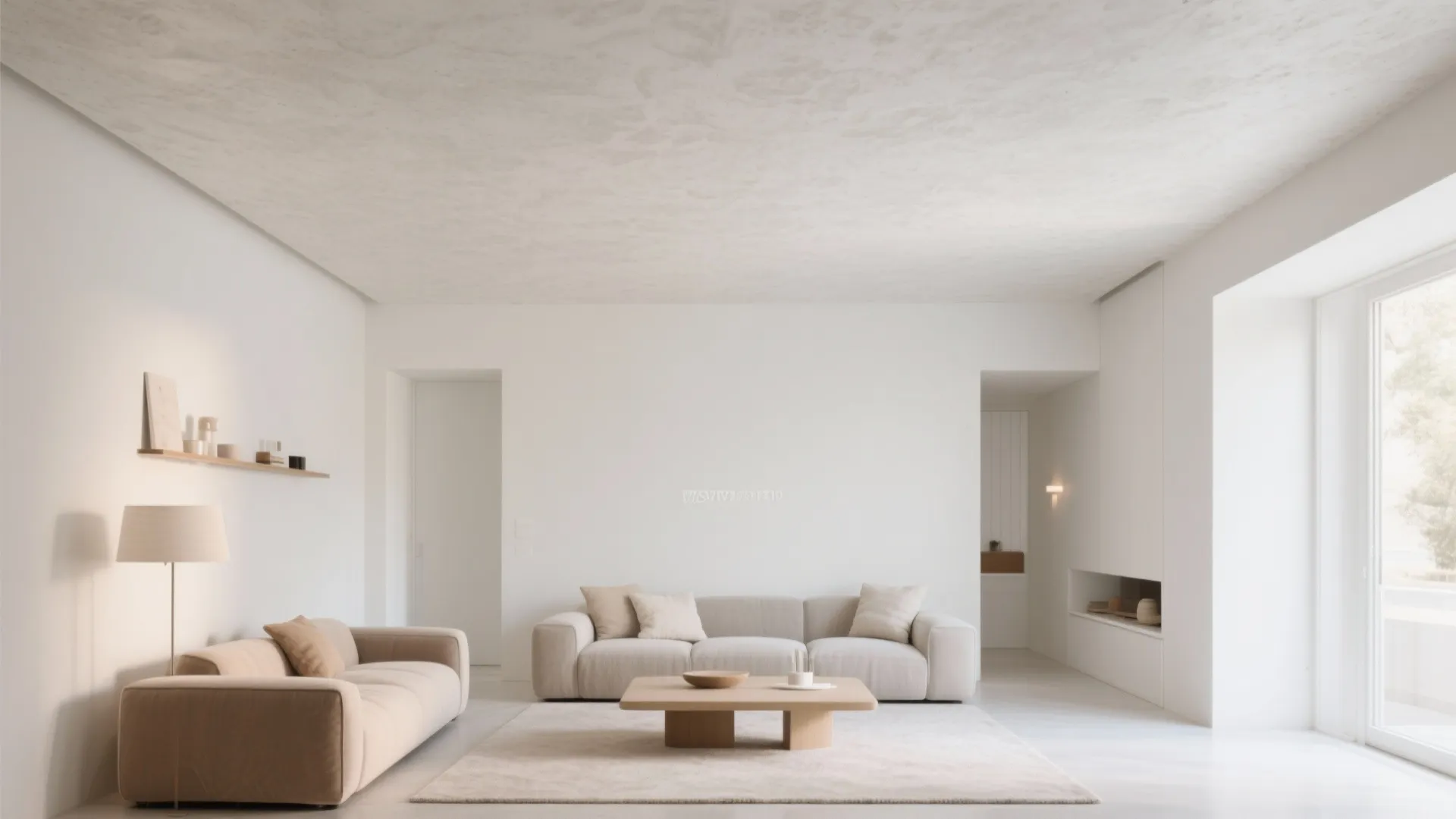 Minimalist white living room with cream sofas wooden coffee table textured ceiling and natural light
