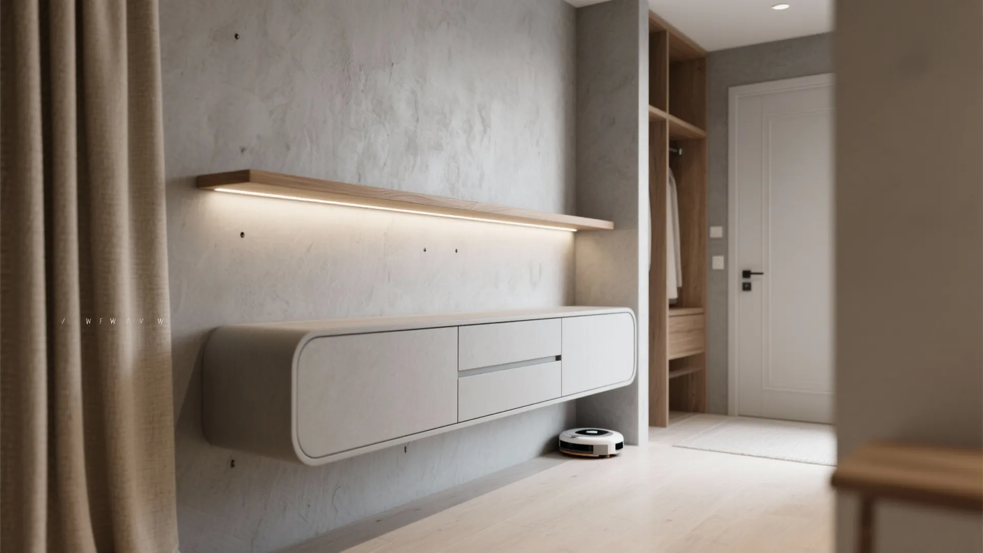 Minimalist hallway with grey wall cabinet wooden shelf warm light fixture and white door design layout